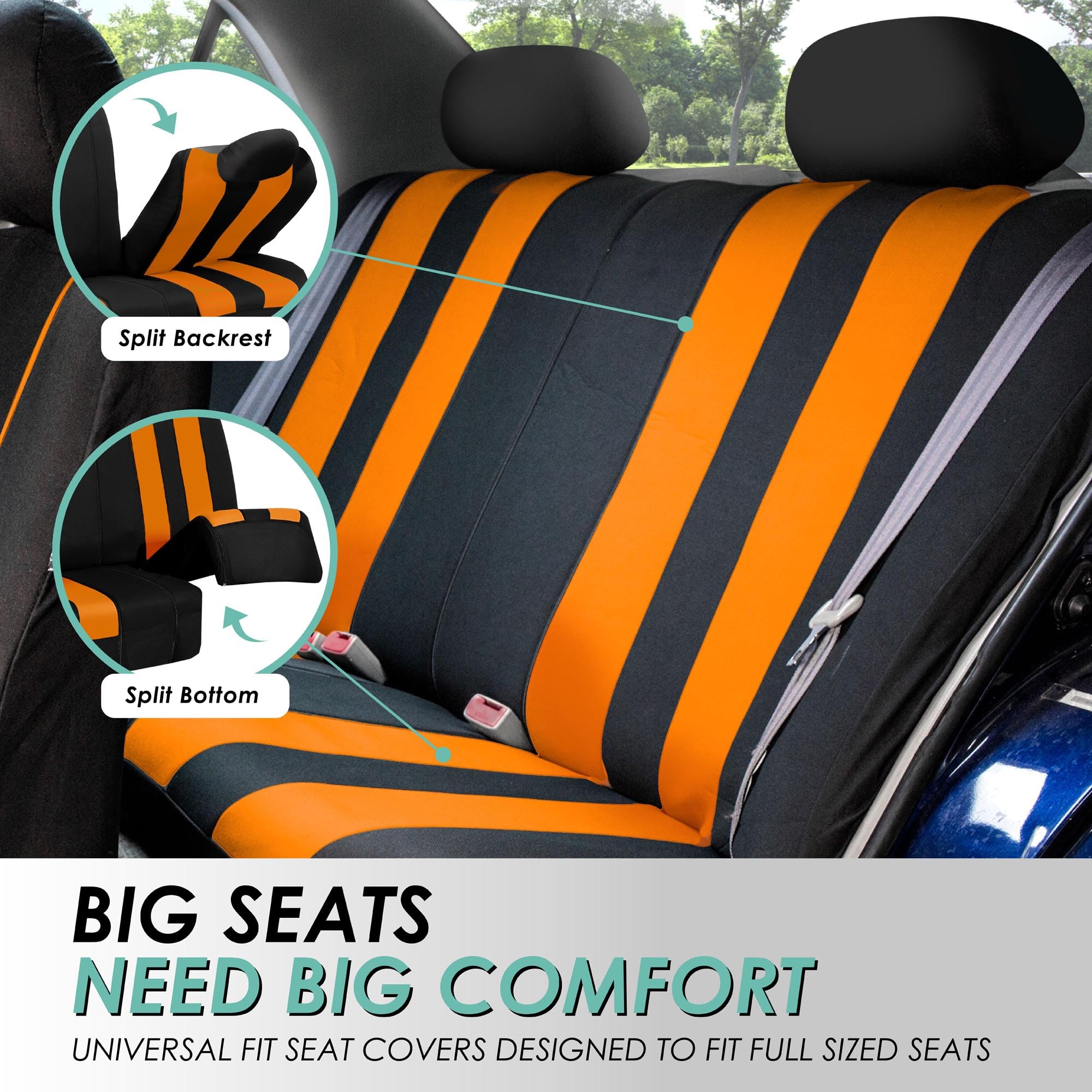 FH Group Universal Fit Car Seat Covers Full Set - Breathable Cloth Fabric, Airbag Compatible, Split Bench Design for SUV, Sedan, Van (Orange) | Perfect for Road Trips, Daily Commutes & Protecting Seats from Pets, Spills & Wear