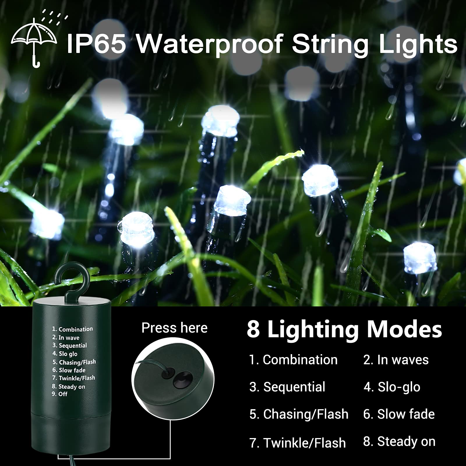 Flacchi 66ft 200 LED White Christmas Lights - Battery Operated Waterproof String Lights with 8 Modes & Auto Timer - Perfect for Xmas Tree Decorations, Halloween Party, Holiday Indoor Outdoor Decor - Ideal for Home, Garden, Wedding, and Festive Events