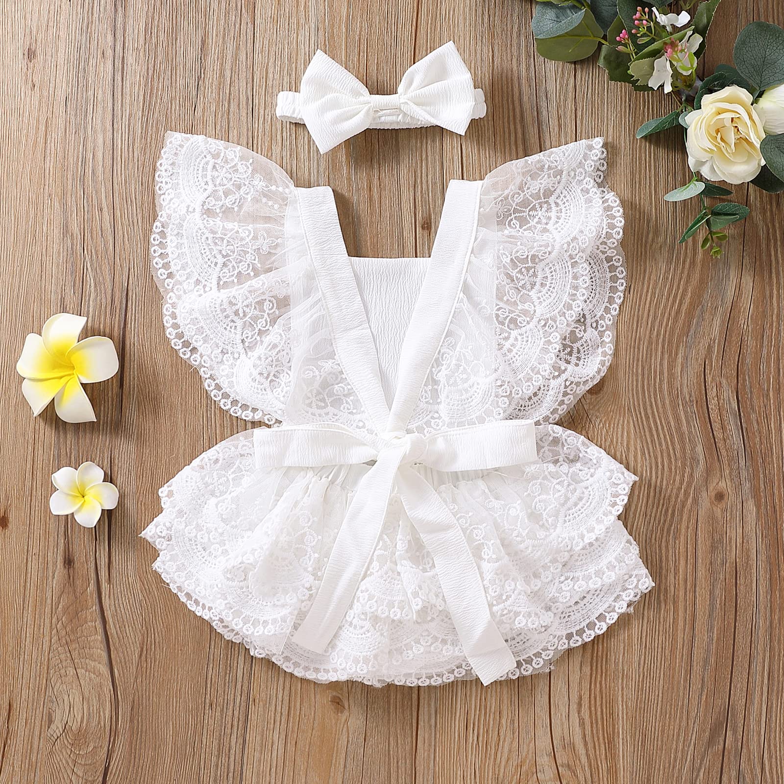 Murnouche Newborn Baby Girl Boho Lace Romper - Floral Embroidered Ruffle Princess Dress for Photoshoot, Christening & Special Occasions