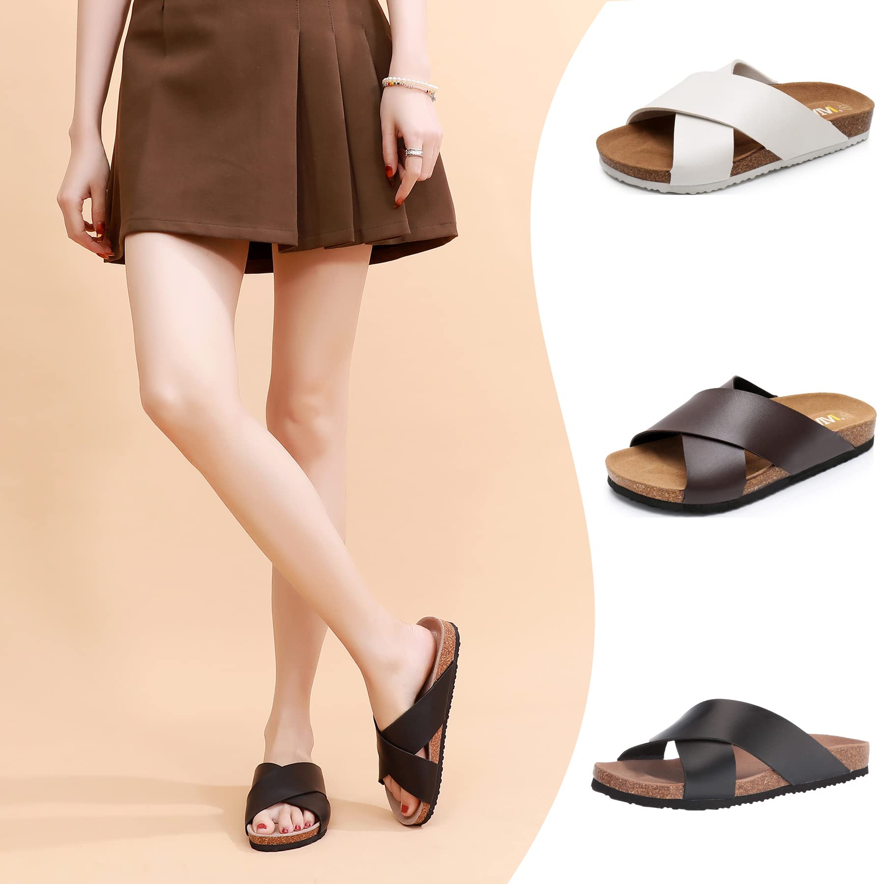 Women's Comfortable Cork Footbed Sandals with Cow Suede Insole - X-Band Slide Sandals for Women - Open Toe Beach Sandals for Summer, Vacation & Casual Wear