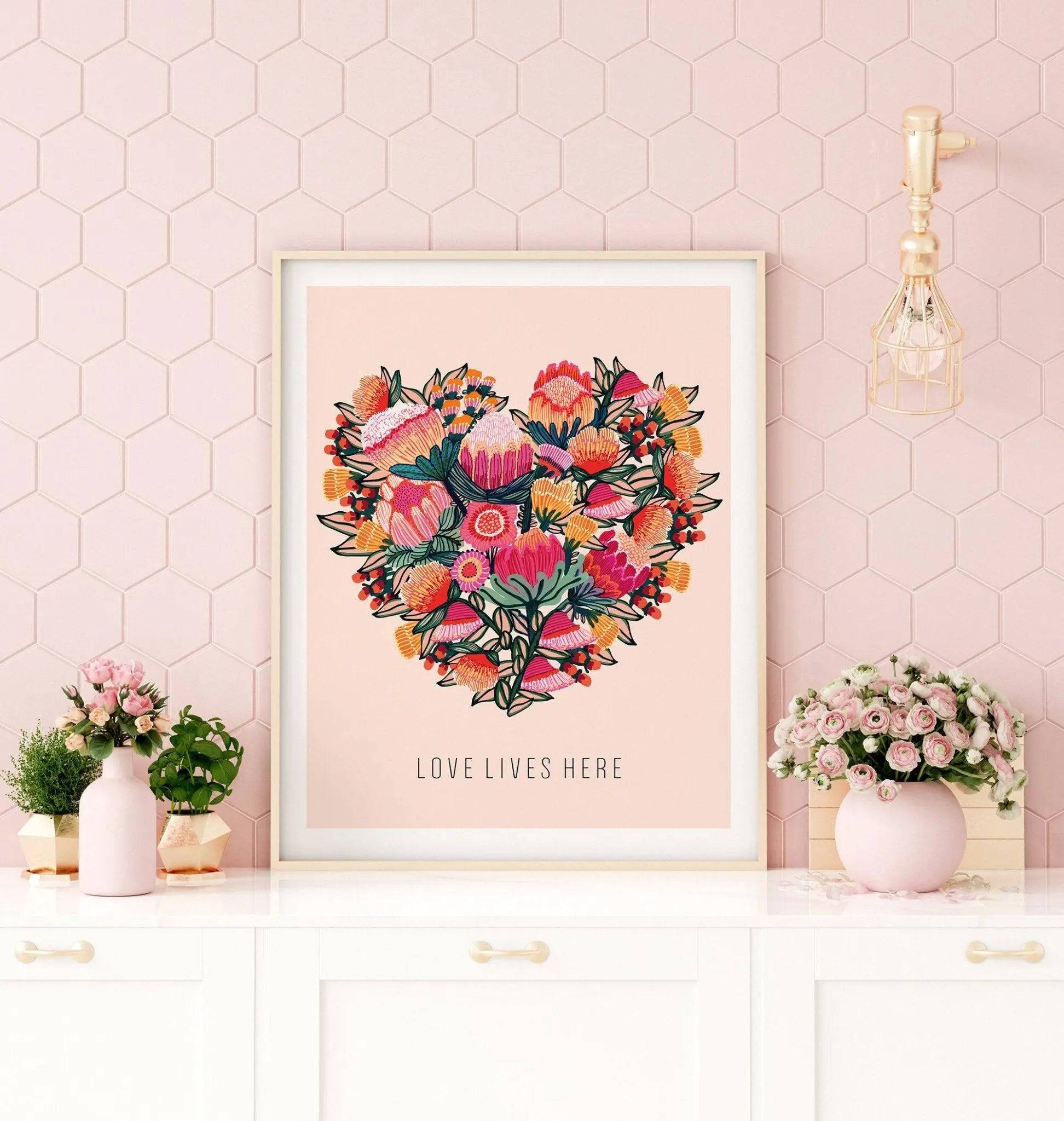 Love Lives Here Floral Heart Art Print - Beautiful Wall Decor for Home, Bedroom & Office - Perfect Gift for Valentine's Day, Wedding & Housewarming