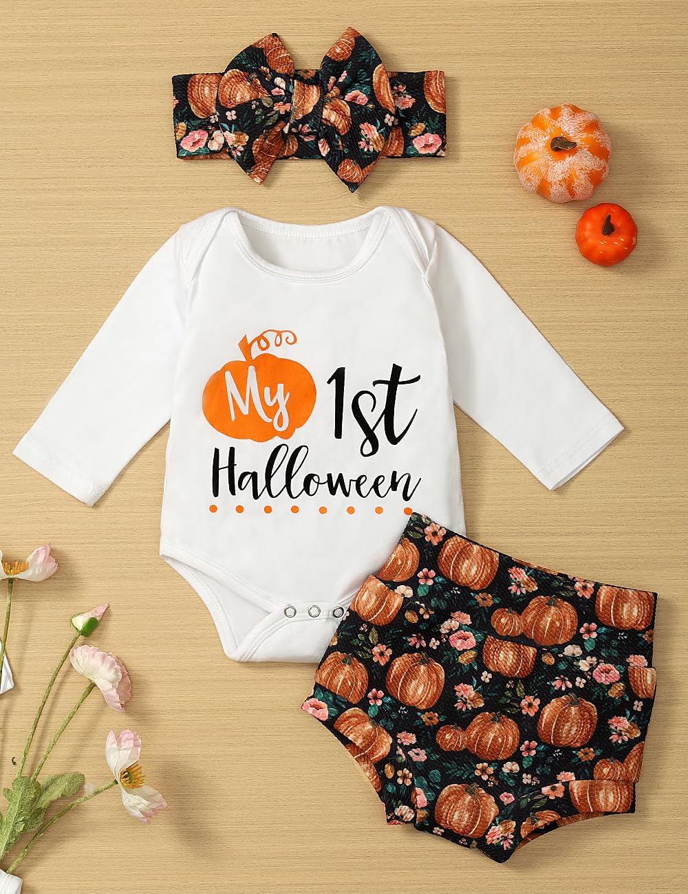 Baby Girl Halloween Outfit Set - Letter Print Long Sleeve Romper with Shorts & Headband | Cute First Halloween Costume for Infants & Toddlers | Perfect for Trick-or-Treating, Photo Shoots & Halloween Parties