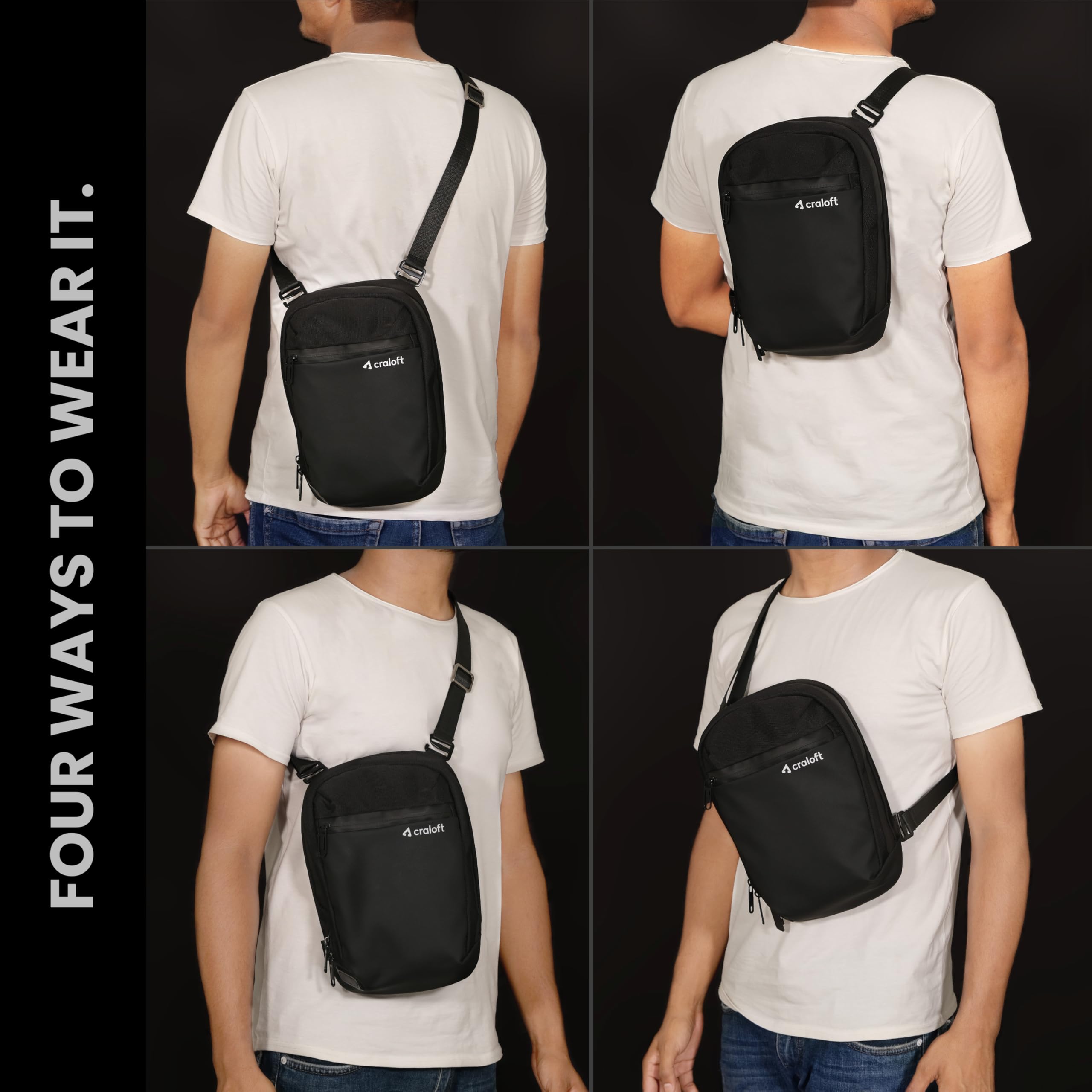 CRALOFT Sling Bag for Men & Women - Lightweight Crossbody Travel Bag with USB Charging Port, Passport Holder & Anti-Theft Design - Perfect for Daily Commute, Office & Travel (S7, Black, Premium Polyester)