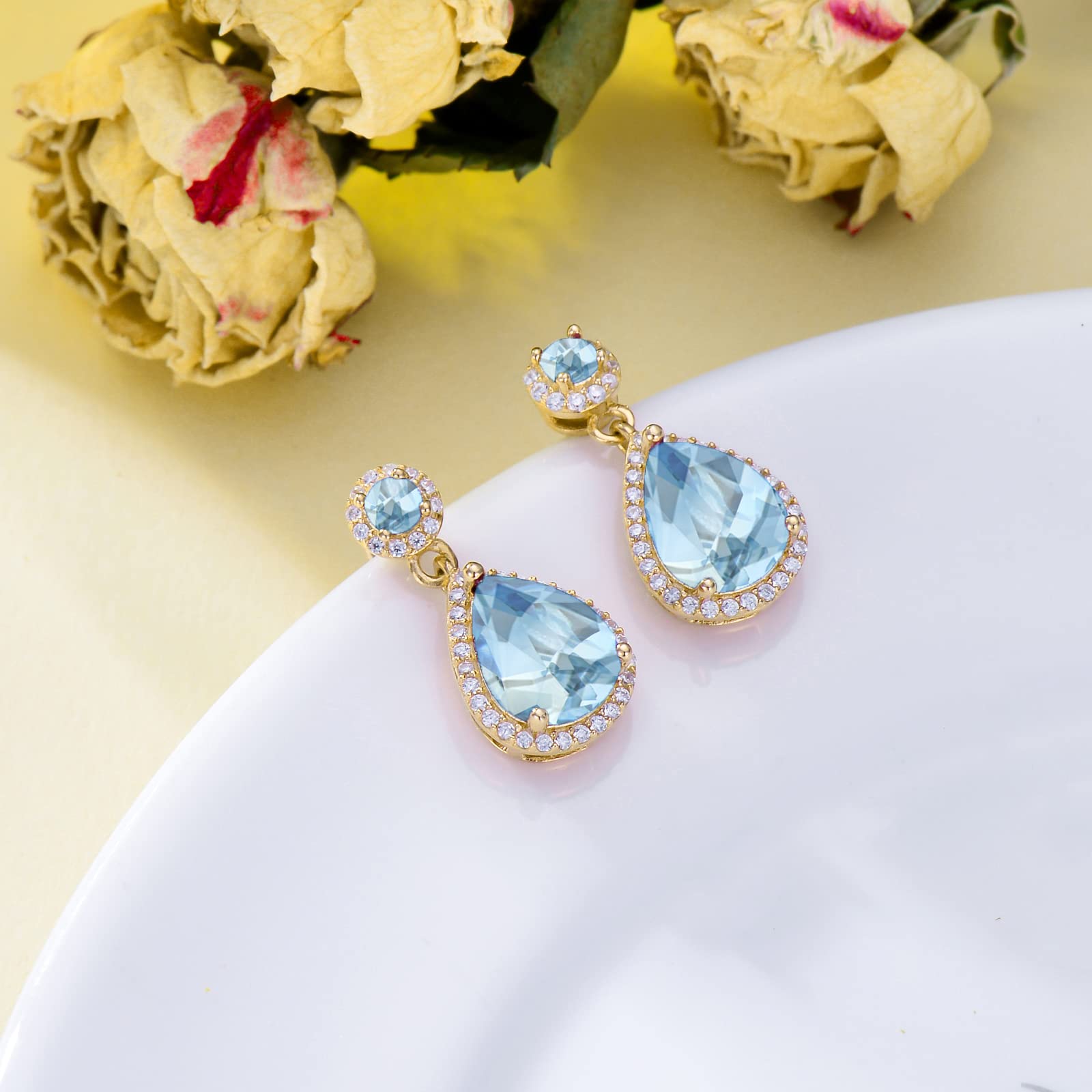 TOUPOP 14k Gold Plated Sterling Silver Birthstone Teardrop Stud Earrings for Women - Elegant Dangle Jewelry for Birthday, Mother's Day & Special Occasion Gifts | Perfect for Weddings, Parties & Everyday Wear