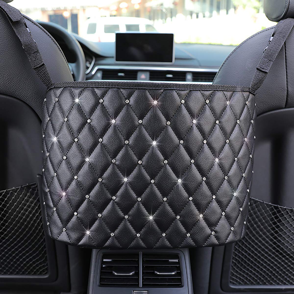 Diamond Car Net Pocket Handbag Holder - Bling Driver Storage Netting Pouch for Front Seat Organizer | Backseat Pet & Kids Barrier | Car Purse Storage Organizer (Black with Rhinestones) - Perfect for Road Trips, Daily Commutes & Keeping Your Vehicle Tidy