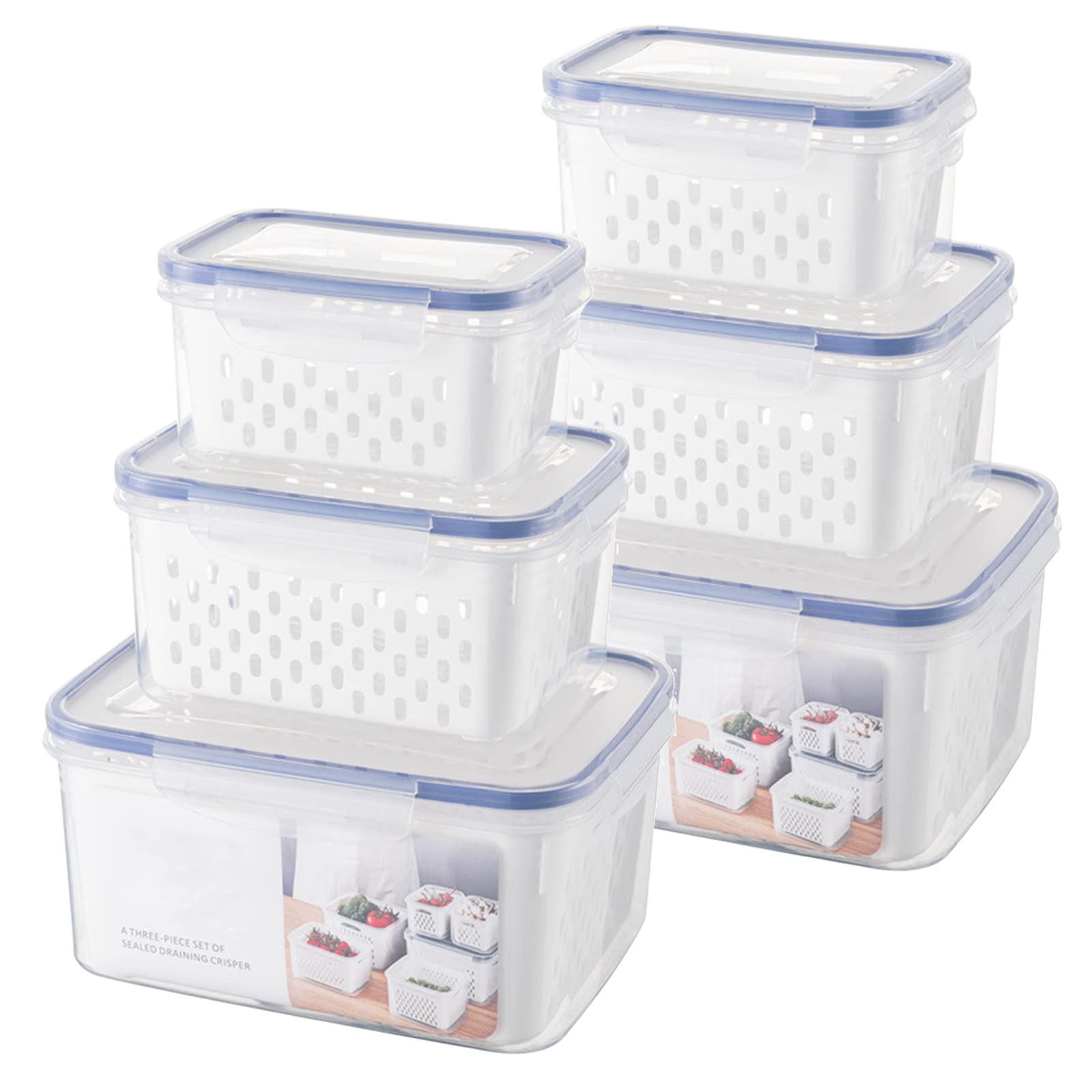 6-Piece BPA-Free Plastic Food Storage Containers with Lids & Removable Colander - 3-in-1 Fridge Organizer for Fruits, Vegetables, Salad & Meat - Perfect for Meal Prep, Leftovers & Fresh Food Drainage Storage