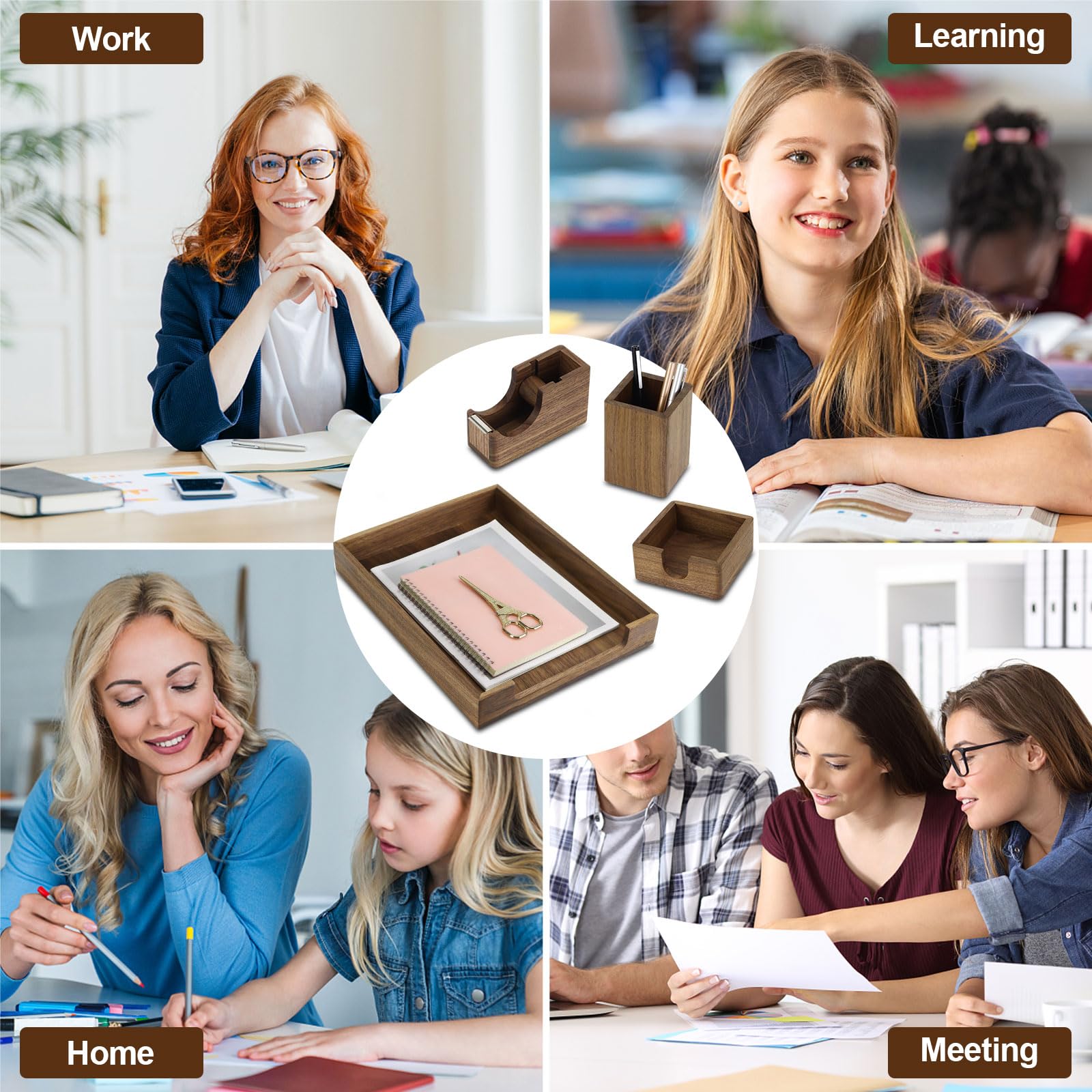 Premium Walnut Wood Desk Organizer Set - 4-Piece Office Accessories with Letter Tray, Pen Holder, Sticky Note Holder & Tape Dispenser for Home & Office Organization | Perfect for Workstation, Study Desk & Gift Idea