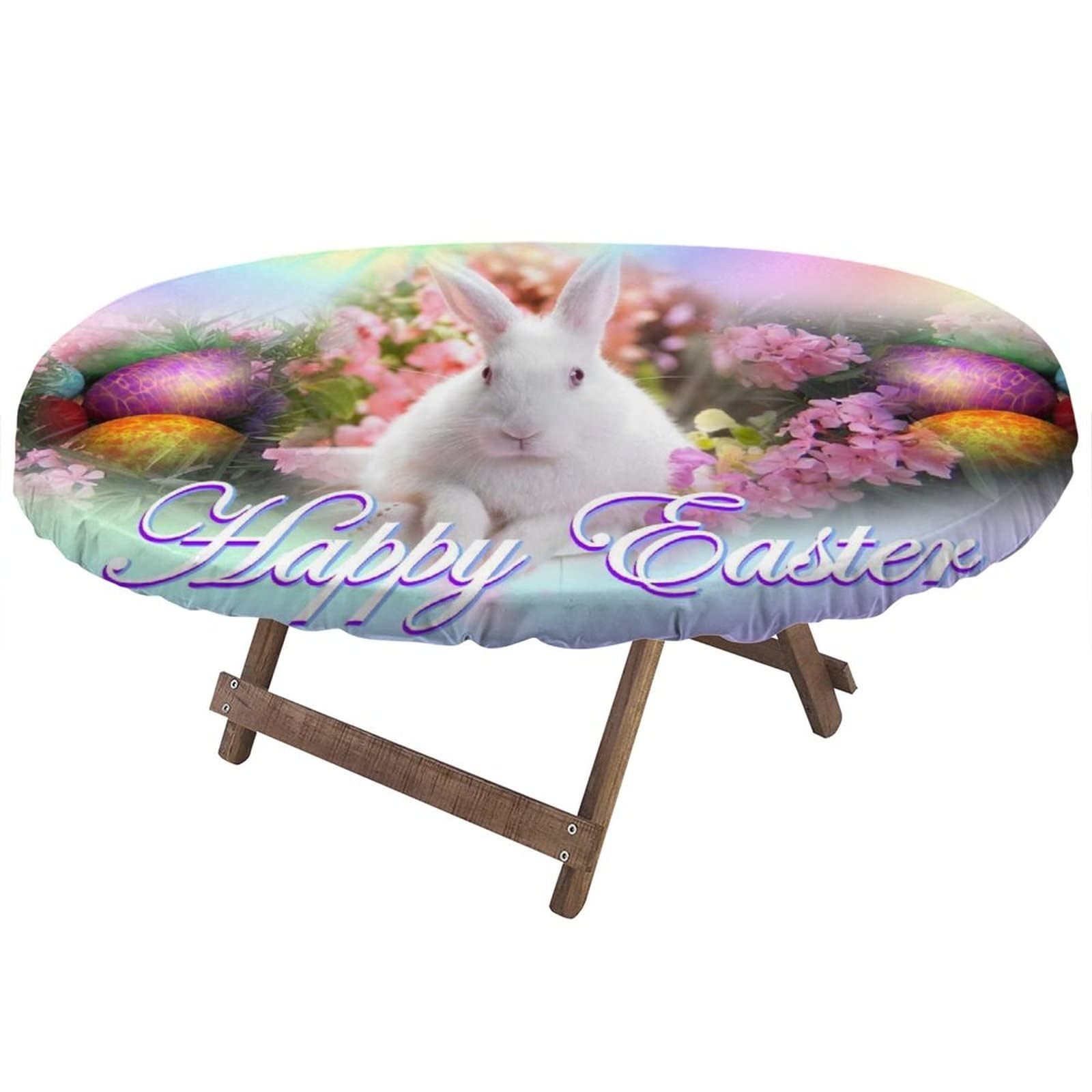 Easter Bunny Oval Tablecloth 52x70 Inch - Elastic Edged Polyester Table Cover with Easter Egg Design for Indoor Dining & Outdoor Picnic, Camping Parties - Pink & White Spring Celebration Decor