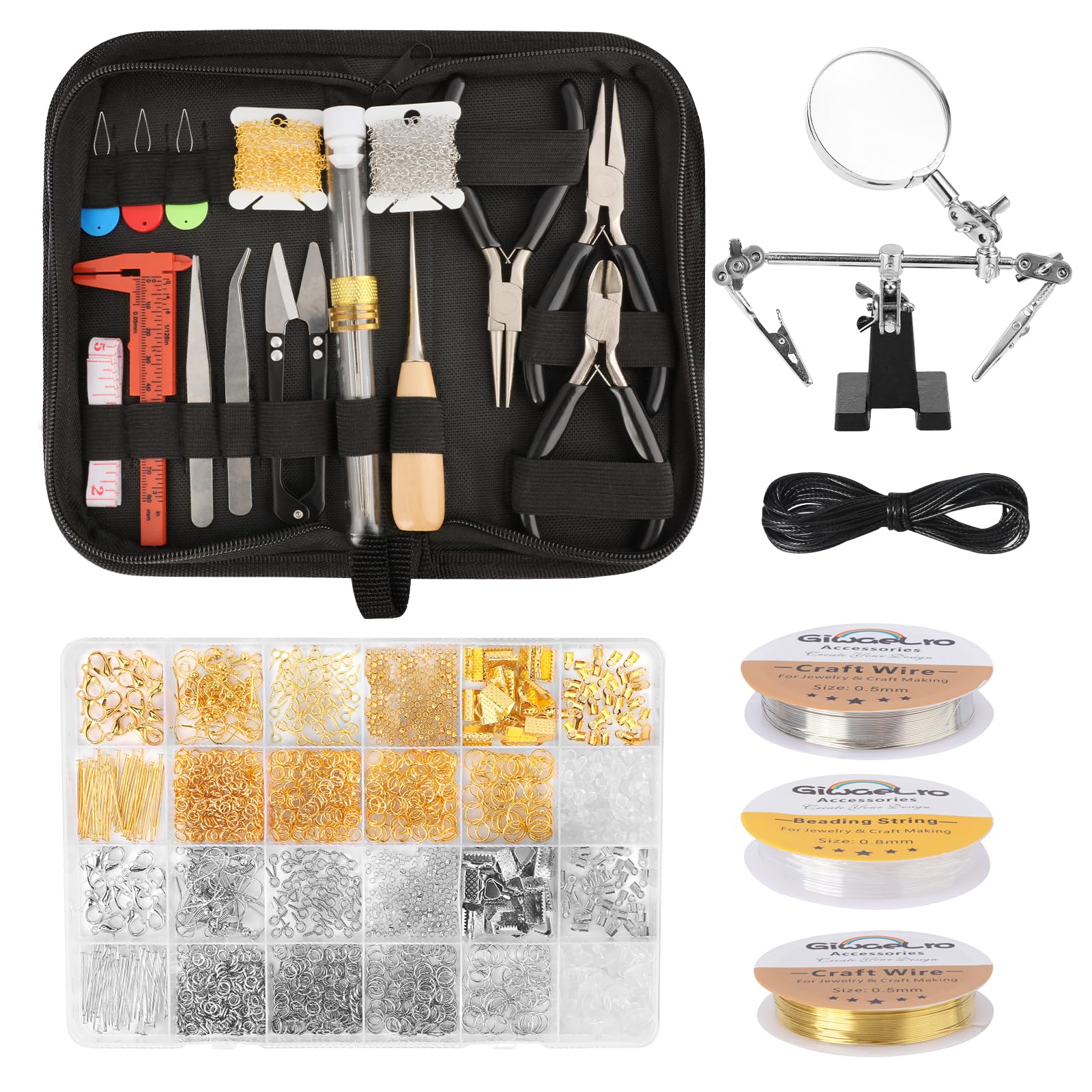 Premium Jewelry Making Kit for Adults - Complete DIY Jewelry Supplies with Pliers, Wires, Findings, Necklace Chains, Magnifier & Storage Bag (Black) - Perfect for Beading, Crafting, Wire Wrapping & Gift Making