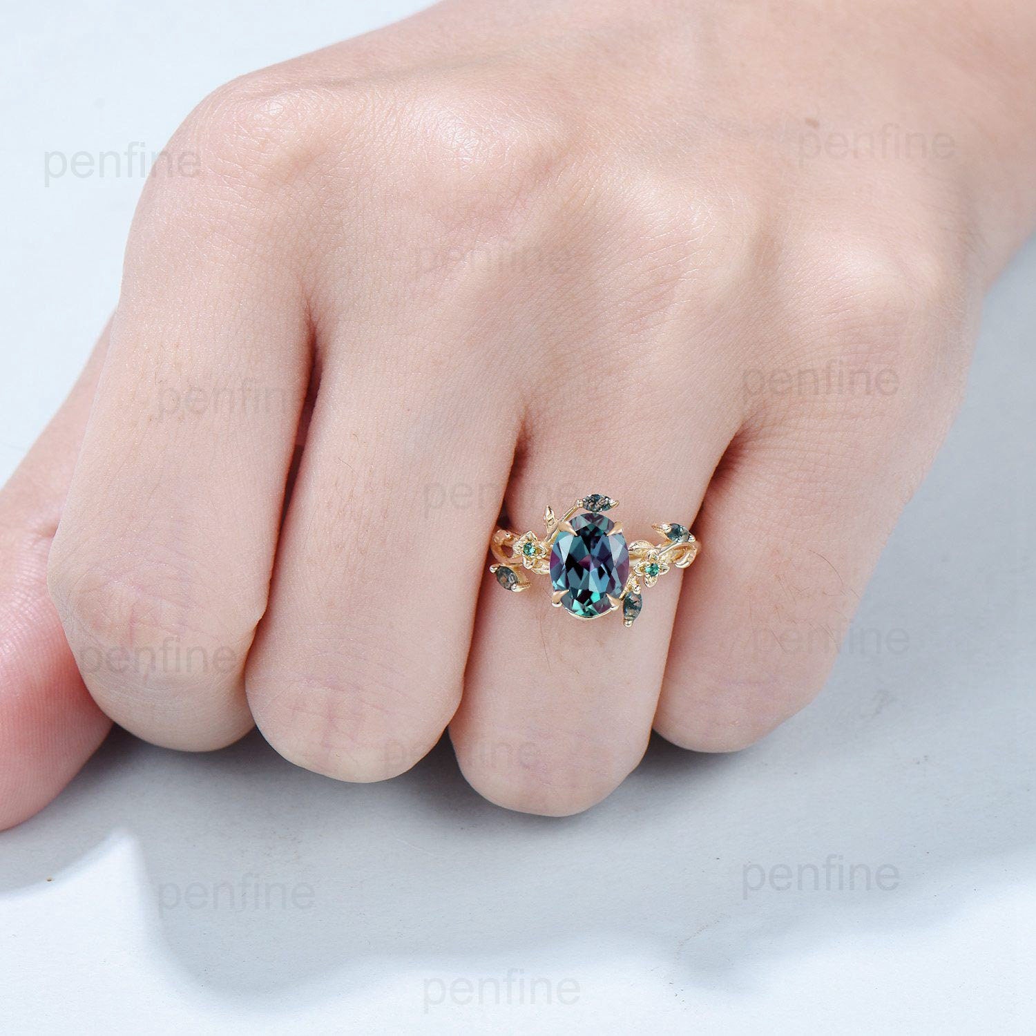Alexandrite Ring for Women - Nature Inspired Cluster Emerald Marquise Cut Moss Agate Twig Branch Color Change Engagement Ring | Unique Fine Jewelry for Weddings, Anniversaries & Special Occasions