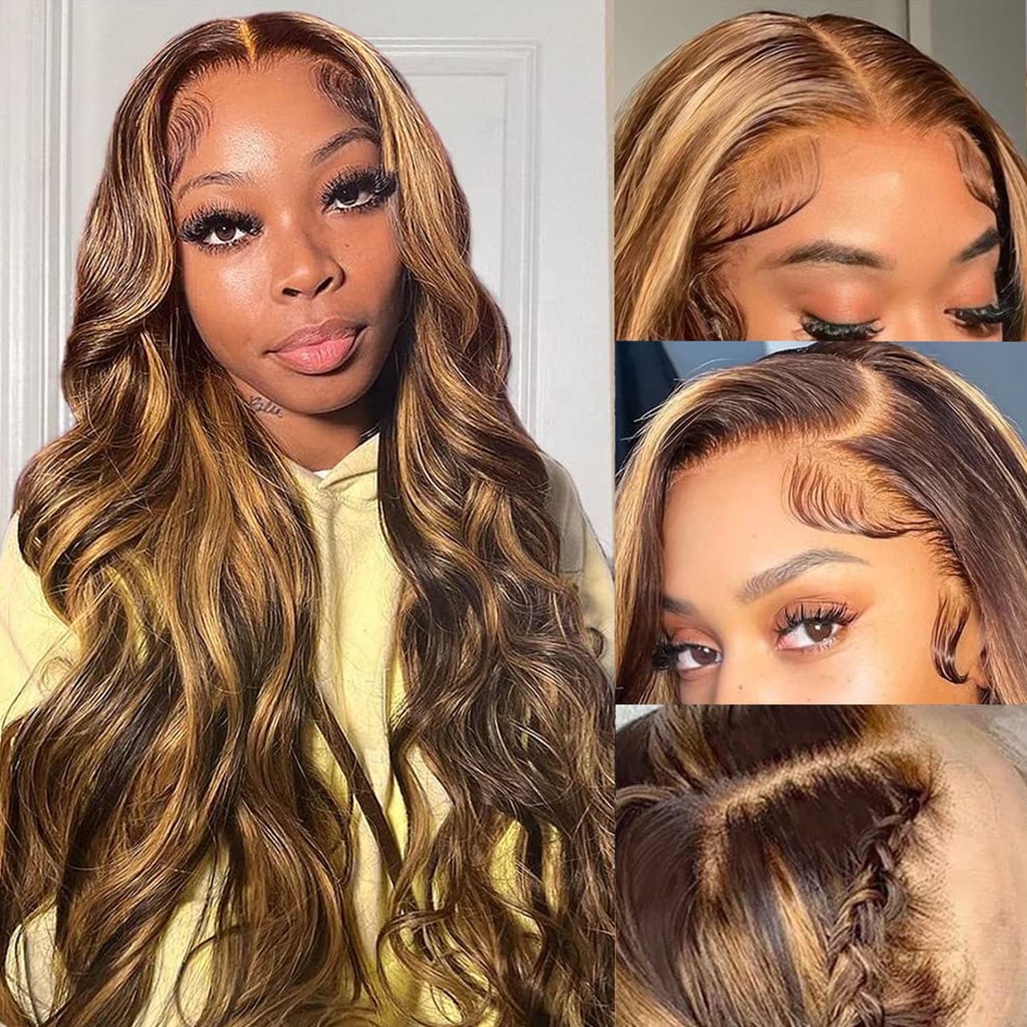 13x6 HD Ombre Lace Front Human Hair Wig - Body Wave Highlight Lace Frontal Wig with Baby Hair, 180% Density 4/27 Colored Glueless Honey Blonde 28 Inch | Perfect for Cosplay, Daily Wear & Special Occasions
