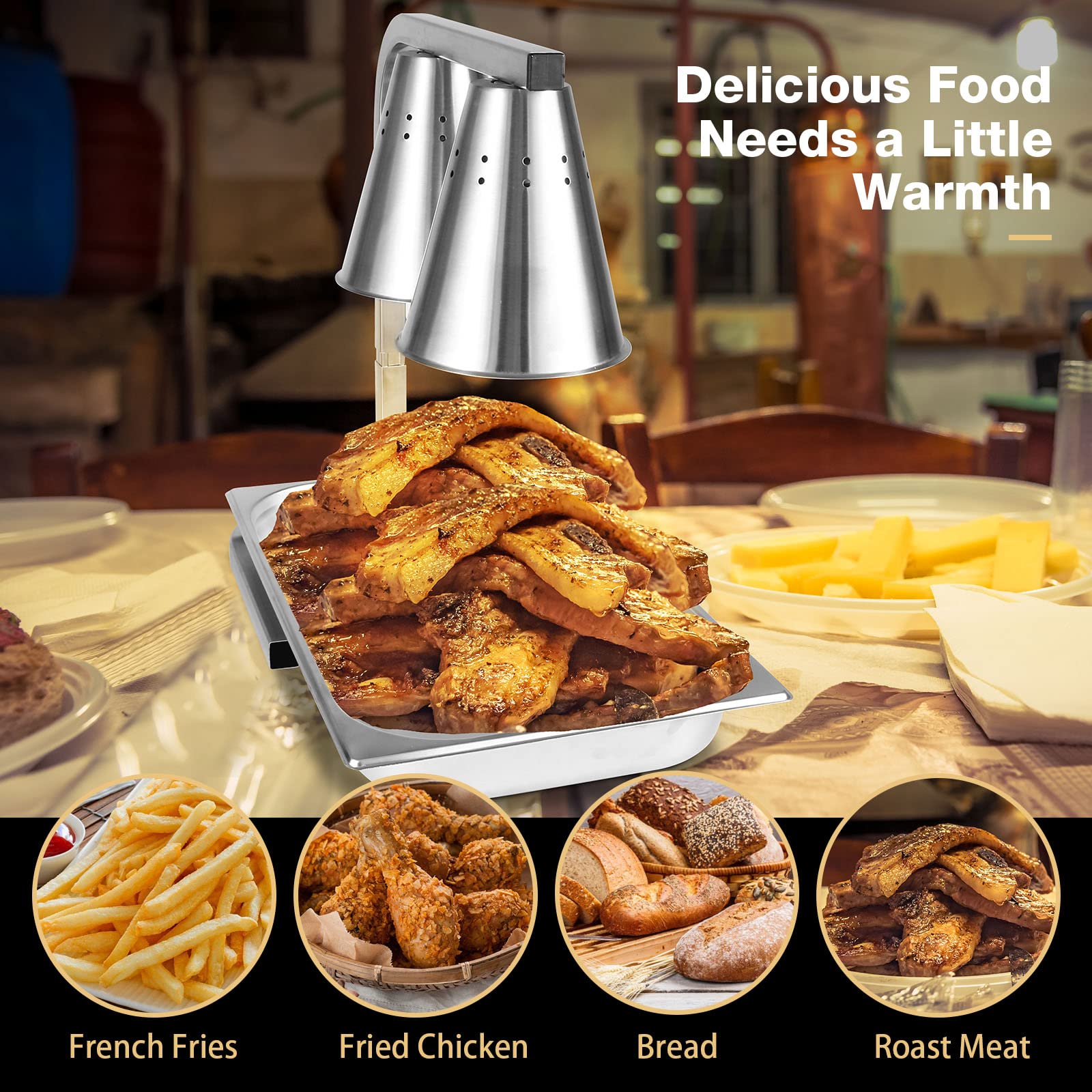Commercial Food Heat Lamp - 120V Stainless Steel Portable Food Warmer with 2x 250W Bulbs & Fan-Shaped Lampshade for Restaurants, Buffets & Catering Services - Perfect for Keeping Dishes Warm at Events & Food Stations