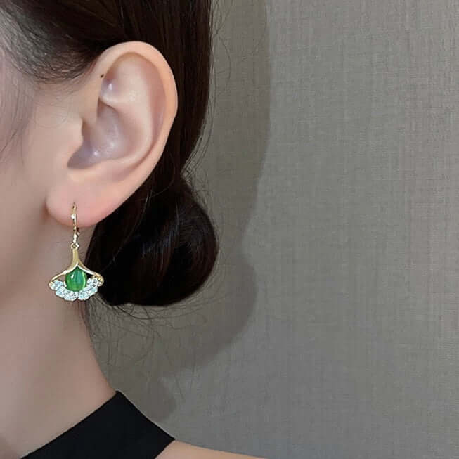 14K Gold Plated Ginkgo Leaf Huggie Earrings with Dangle Pearl Drop | Elegant Pearl Earrings for Women | Perfect for Weddings, Parties & Everyday Wear | A8078