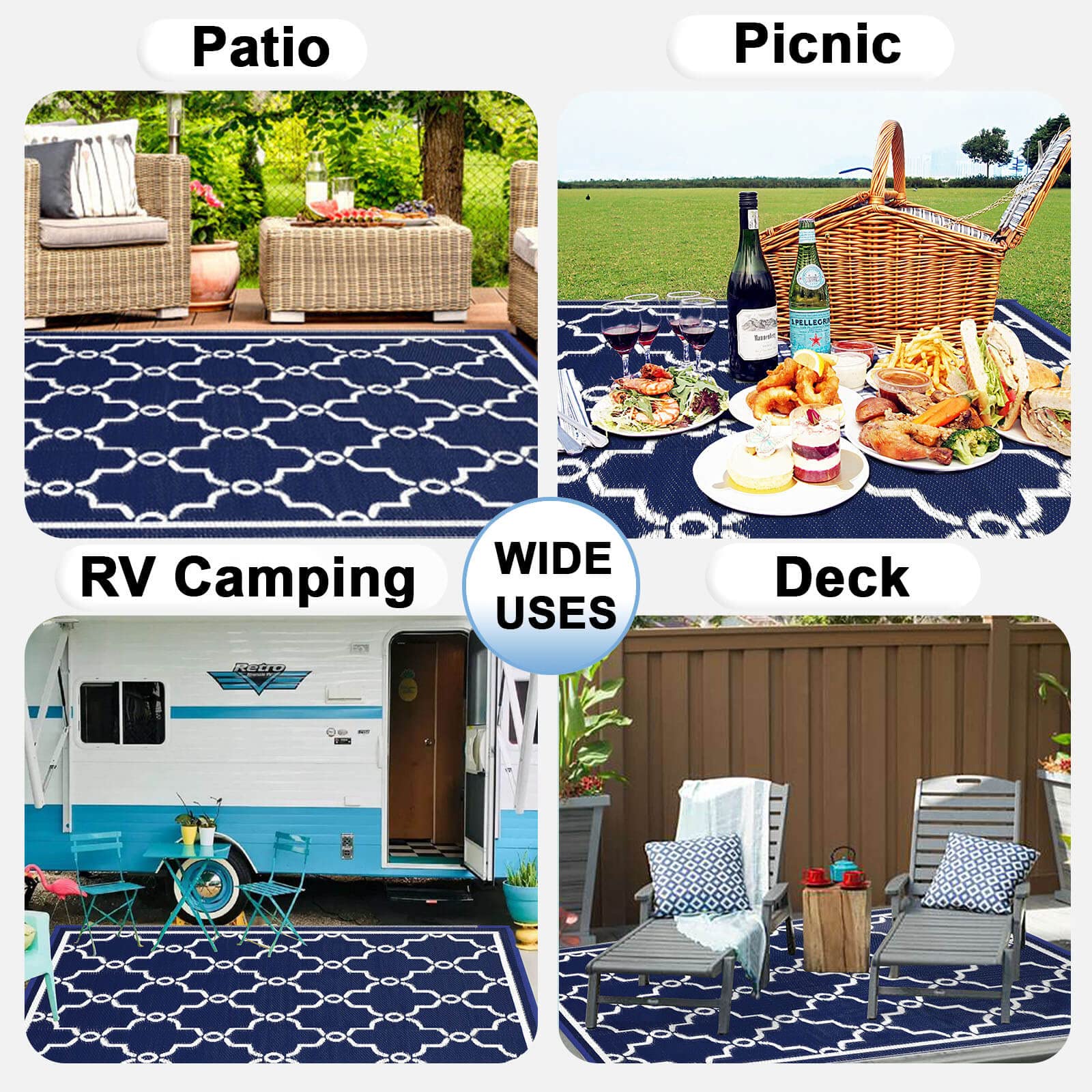 Outdoor Reversible Rug 9x12 ft - Waterproof Plastic Patio Carpet, UV & Stain Resistant RV Mat, Straw Weave Moroccan Navy & White - Perfect for Camping, Backyard, Deck, Picnic, Porch, RV & Outdoor Decor