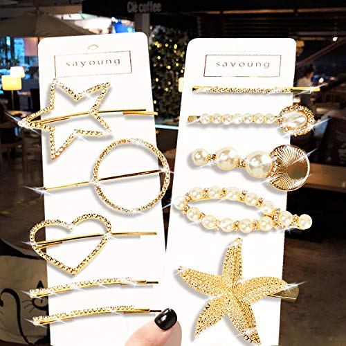 10pcs Pearl Hair Clips with Diamond & Star Shell Design - Gold Hair Barrettes & Pins for Girls - Elegant Hair Accessories for Parties, Weddings & Daily Styling