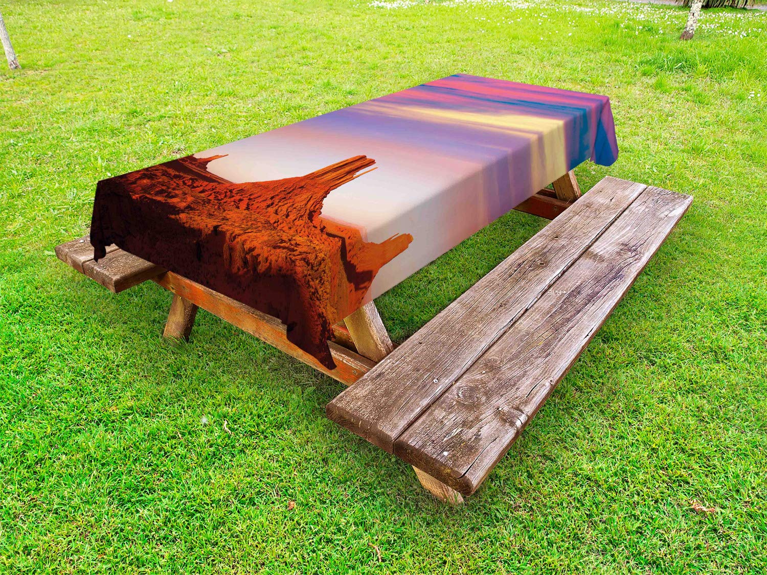 Ambesonne United States Outdoor Tablecloth - Monument Valley Sunset Utah Desert Design, Washable Picnic Table Cover 58x104 Inches, Dark Orange Pink Blue - Perfect for Backyard BBQs, Camping & Outdoor Dining