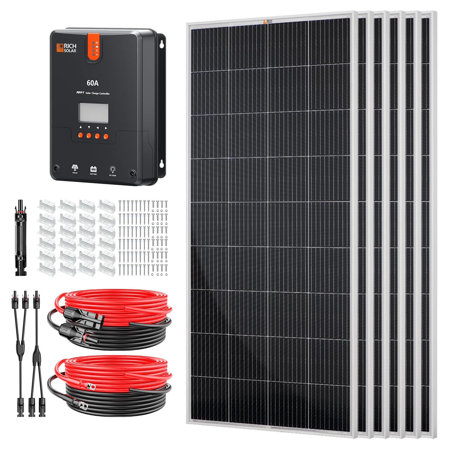 RICH SOLAR 1200 Watt 24V Solar Panel Kit - 6x 200W High Efficiency Monocrystalline Solar Panels with 9 Busbars & 60A MPPT Charge Controller for Off-Grid Homes, RVs, and Camping Power Supply