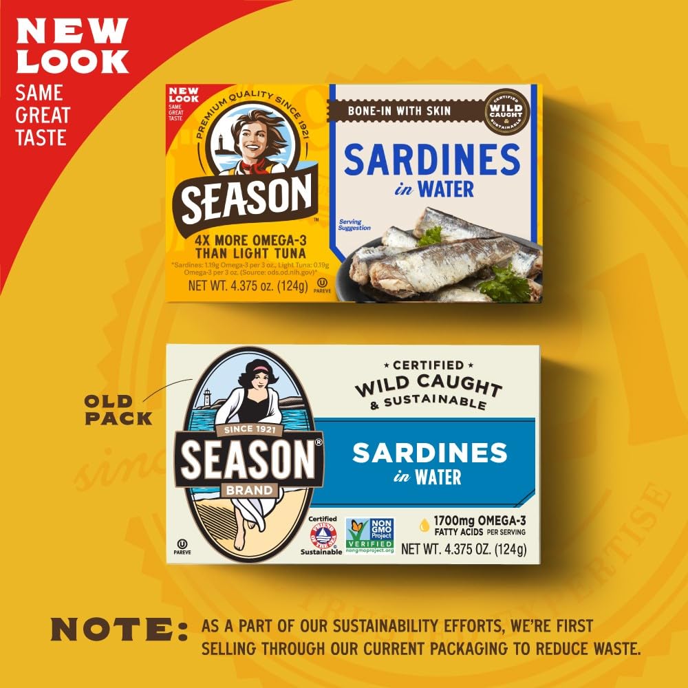 Wild Caught Season Sardines in Water - 22g Protein, High in Omega-3 & Calcium, Keto & Paleo Friendly Canned Fish - More Omega-3s Than Tuna - 4.37oz Tins (12-Pack) - Perfect for Salads, Snacks & Healthy Meal Prep