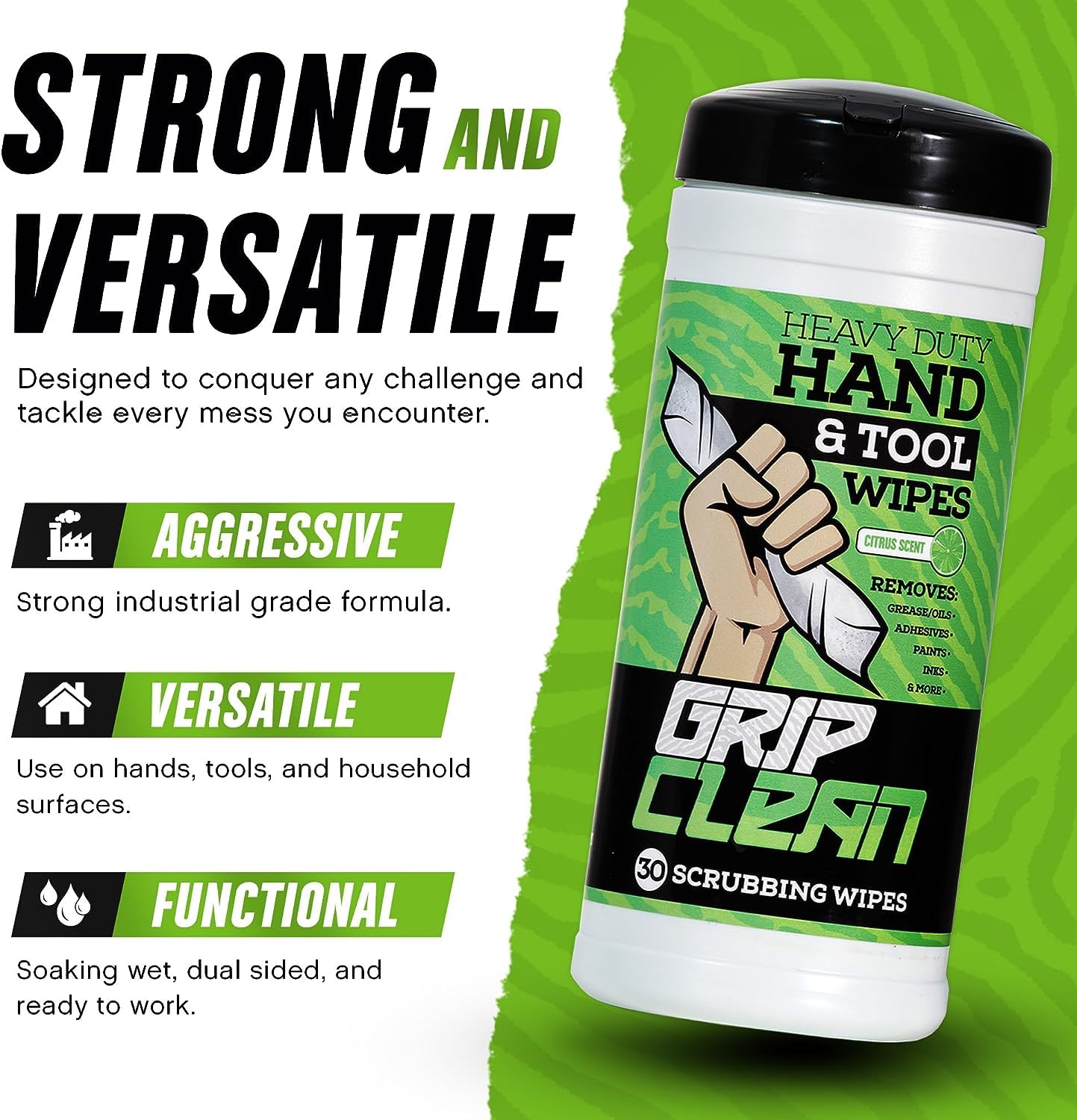 Grip Clean Heavy-Duty Cleaning Wipes for Mechanics - Citrus Scented Waterless Hand Cleaner for Grease, Oil & Dirt | Multi-Purpose Tool & Surface Wipes (432 Count) | Ideal for Auto Repair, Construction & DIY Projects