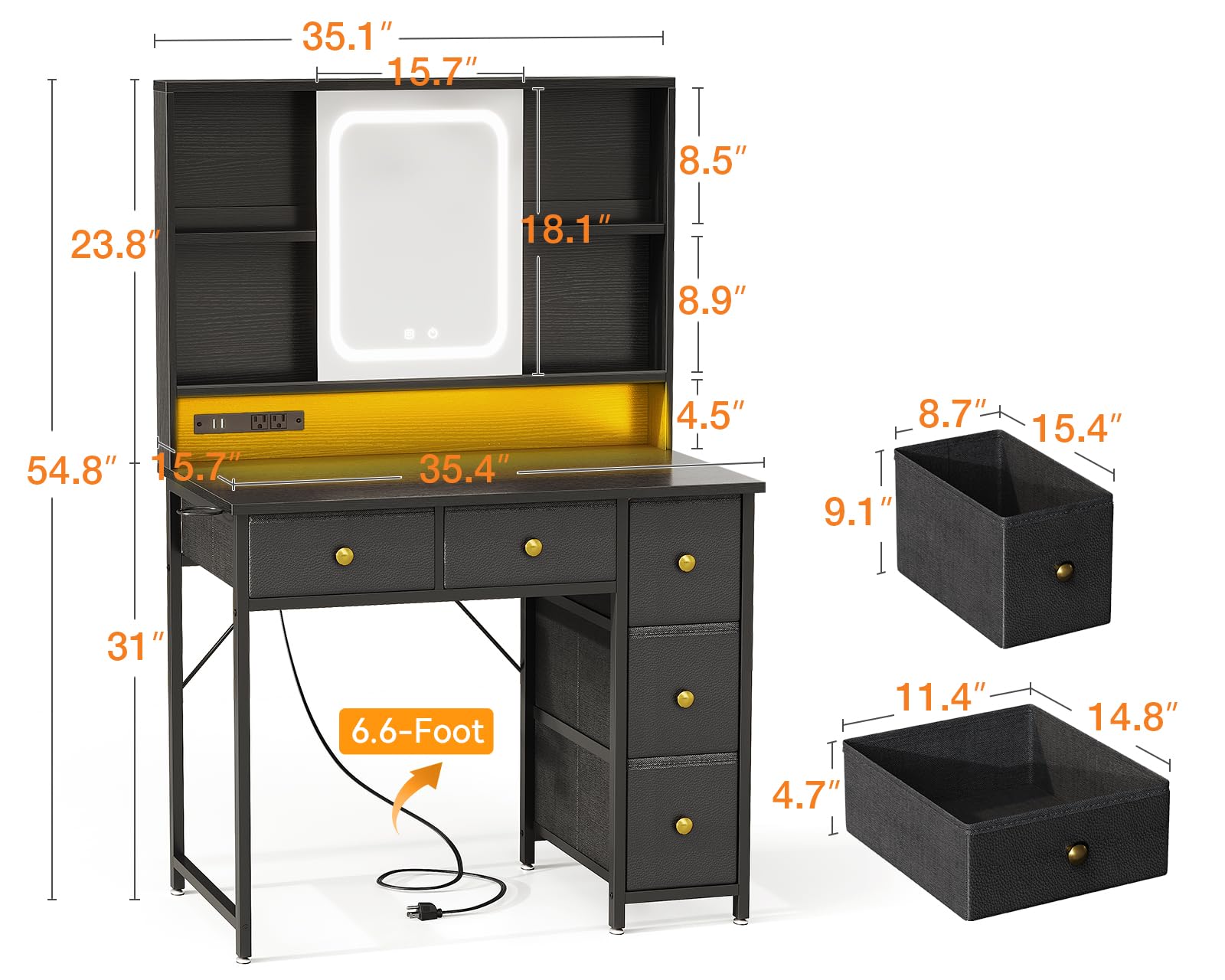 AODK 36 Inch Black Makeup Vanity Desk with LED Mirror & RGB Lights - 5 Fabric Drawers Dressing Table for Girls - Perfect for Bedroom, Dorm Room & Home Beauty Salon