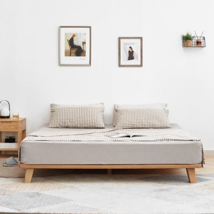 Solid Oak Wood Platform Bed Frame - No Headboard - Queen Size - Modern Minimalist Bedroom Furniture for Small Spaces & Apartments