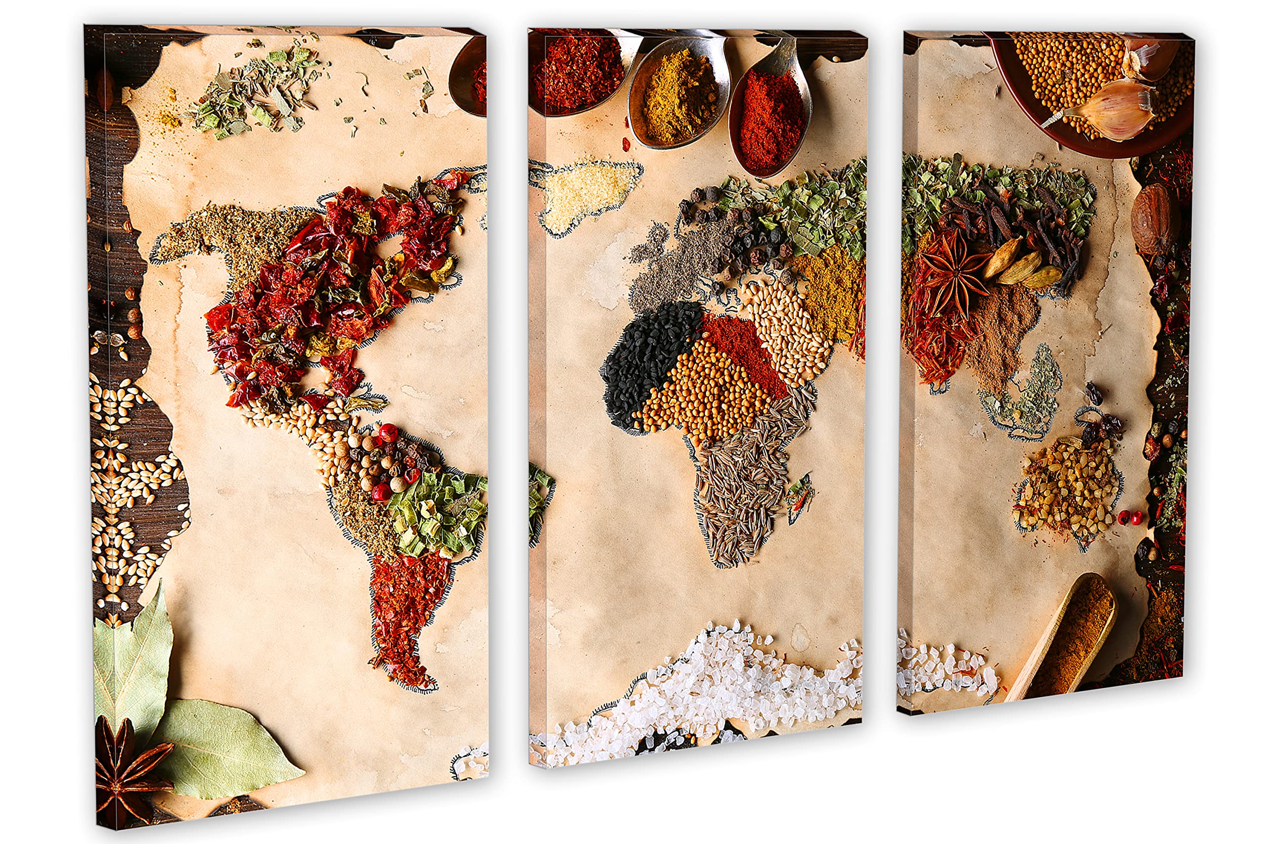 48x32 Inch Kitchen Spice World Map Canvas Wall Art - 3 Panel Triptych Split Design for Home & Kitchen Decor | Perfect for Dining Room, Living Room & Office Wall Decoration