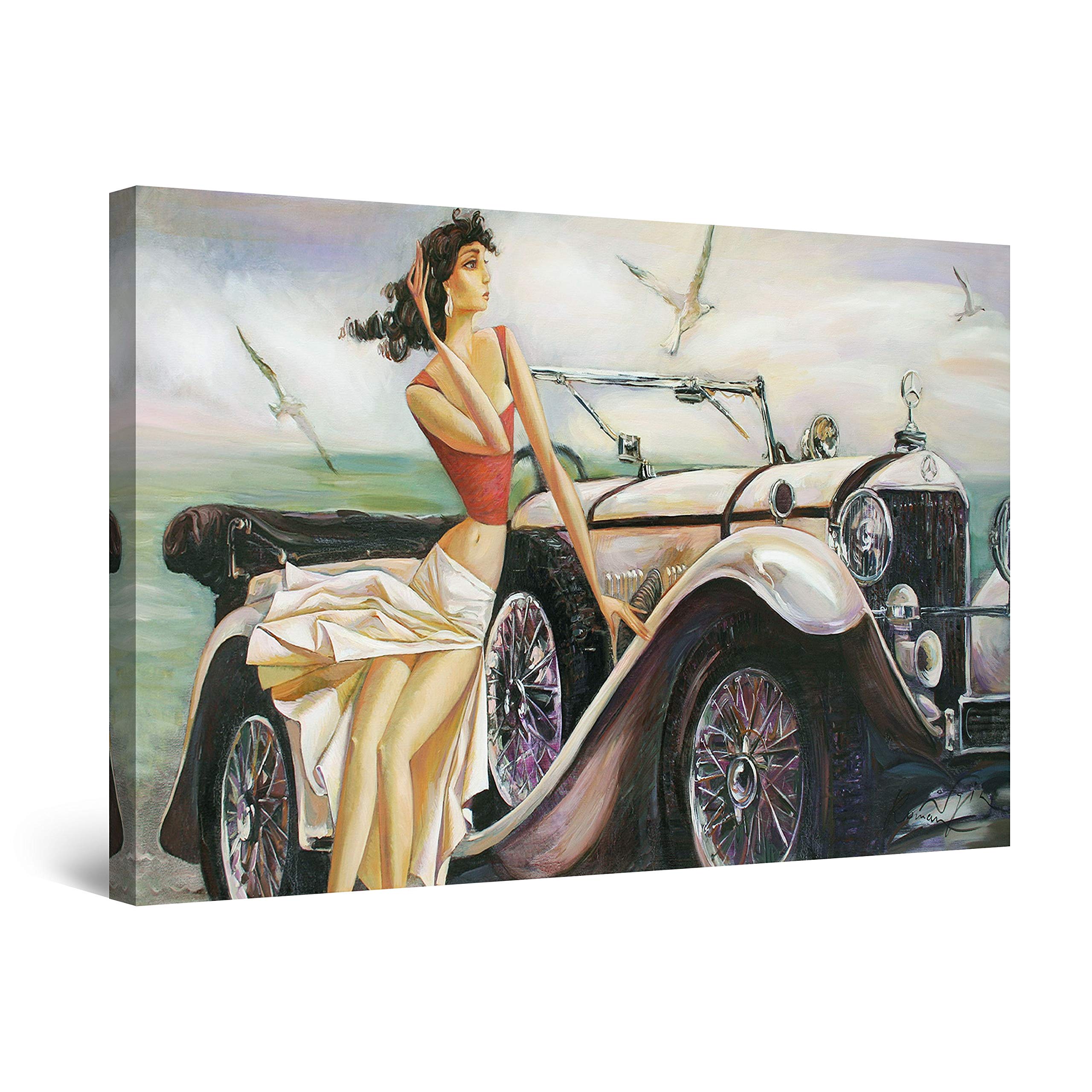 Abstract Beige Retro Car and Woman Canvas Wall Art - Framed 32x48 Inch Painting for Living Room, Bedroom & Office Decor | Vintage Style Home Wall Decor