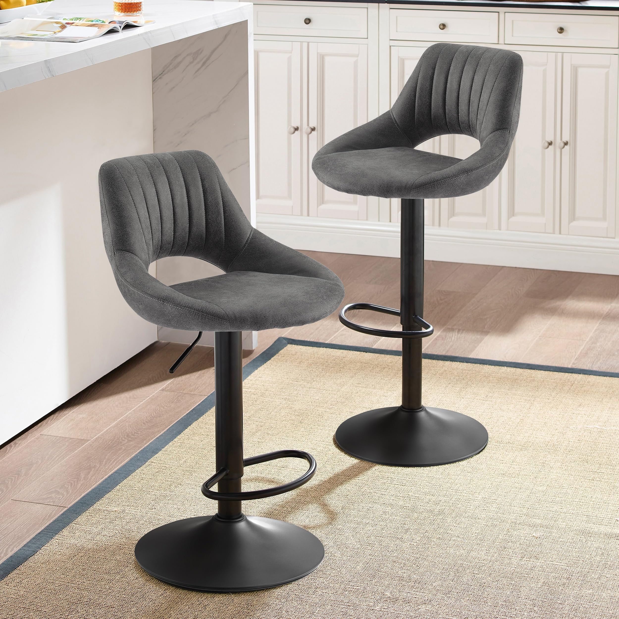 Vintage Adjustable Swivel Bar Stools Set of 4 - Gray Faux Suede Upholstered Counter Height Kitchen Island Stools with Back Support | Perfect for Kitchen Counter, Breakfast Nook, Home Bar & Dining Area