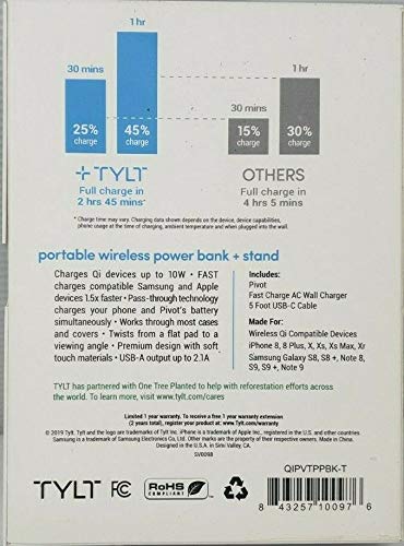 TYLT Pivot Portable Wireless Charging Pad & Desk Stand - Fast Qi-Certified Charger for iPhone, Samsung & Qi-Enabled Devices (Black) | Perfect for Office, Bedside & Travel Charging