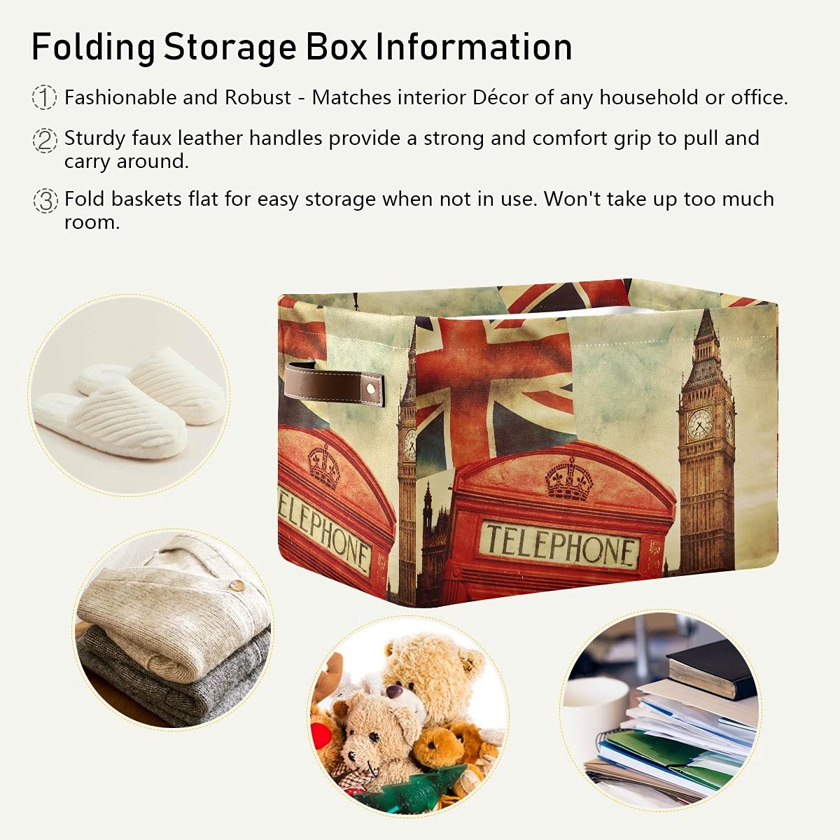 London UK Flag Telephone Booth Storage Bins - 2 Pack Collapsible Storage Cubes with Handles, Union Jack & Big Ben Design for Nursery, Bedroom, Closet & Home Office Organization | Perfect for Kids' Toys, Books & Home Decor
