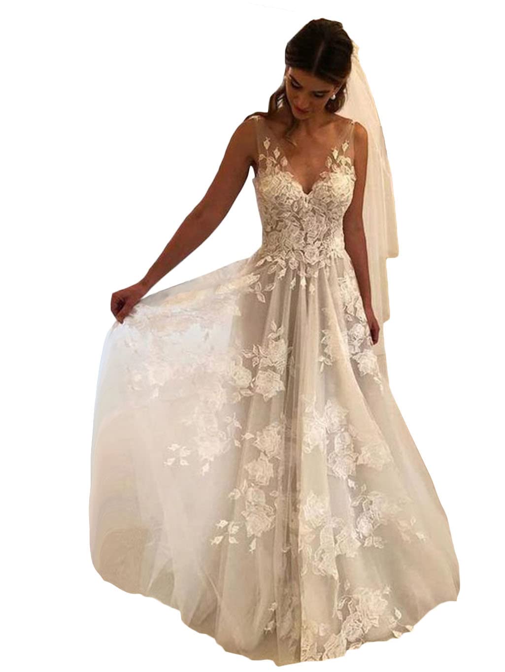 Tsbridal Women's A-Line V-Neck Tulle Lace Backless Boho Wedding Dress - Elegant Bridal Gown for Beach, Garden & Outdoor Ceremonies