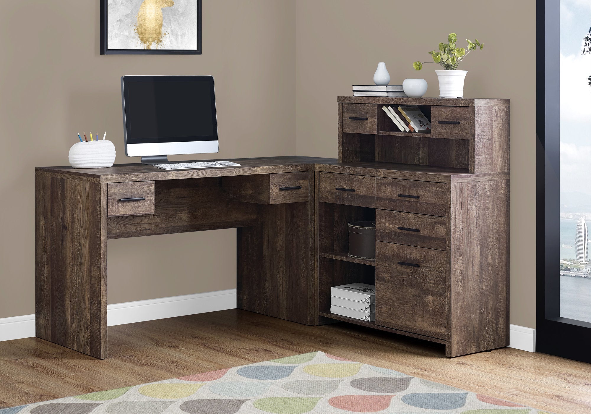 Brown Reclaimed Wood L-Shaped Computer Desk for Home Office - Left or Right Facing Corner Desk with Ample Workspace, Ergonomic Design for Gaming & Remote Work