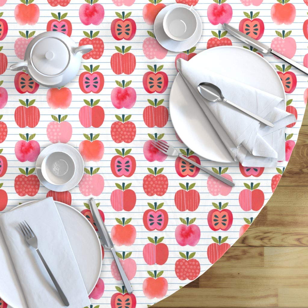 Pink Lady Notebook Stripe Fruit Watercolor Cotton Sateen Tablecloth - 70 Inch Round Kitchen Dining Table Cover for Autumn, Back to School & Teacher Gifts | Custom Printed Washable Table Linens