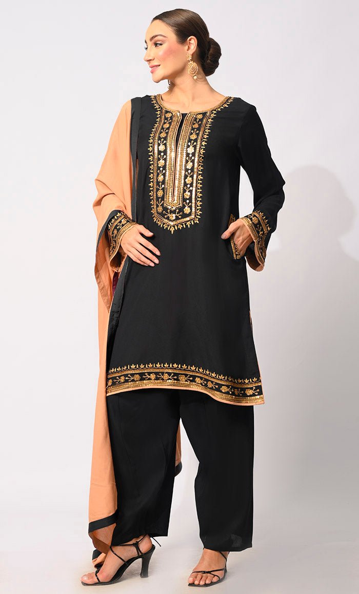 Embellished Black Salwar Kameez with Dupatta 3Pc Set - Elegant Pakistani Suit for Women | Perfect for Weddings, Parties & Festive Occasions