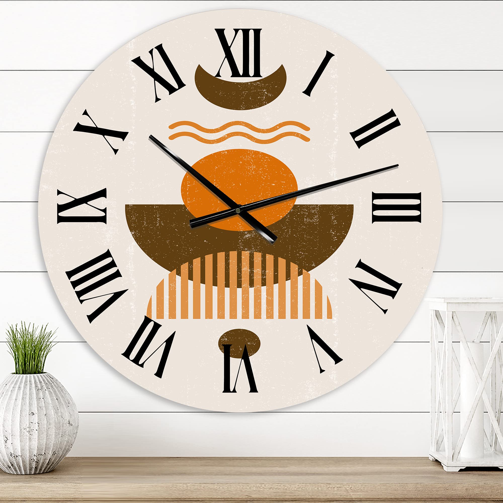 Abstract Sun and Moon Wall Clock - Modern Large Fractal Design in Earth Tones - Perfect for Kitchen, Living Room & Office Decor