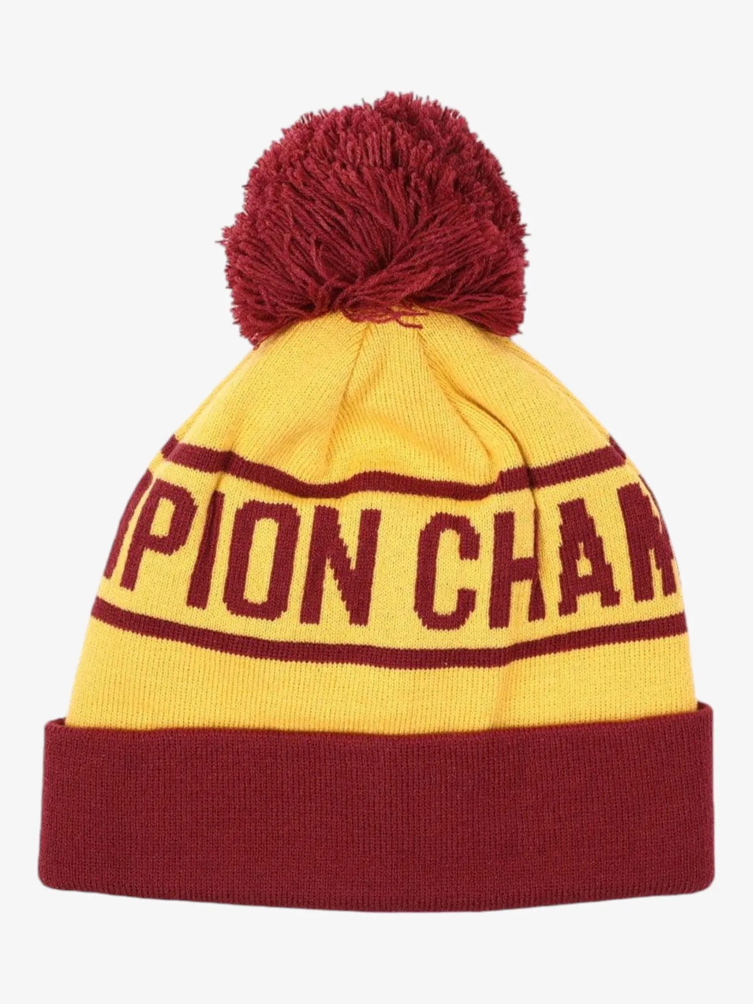 Champion Beanie with Cuff and Pom - Burgundy & Yellow Knit Winter Hat for Men & Women - Perfect for Skiing, Snowboarding & Cold Weather Activities