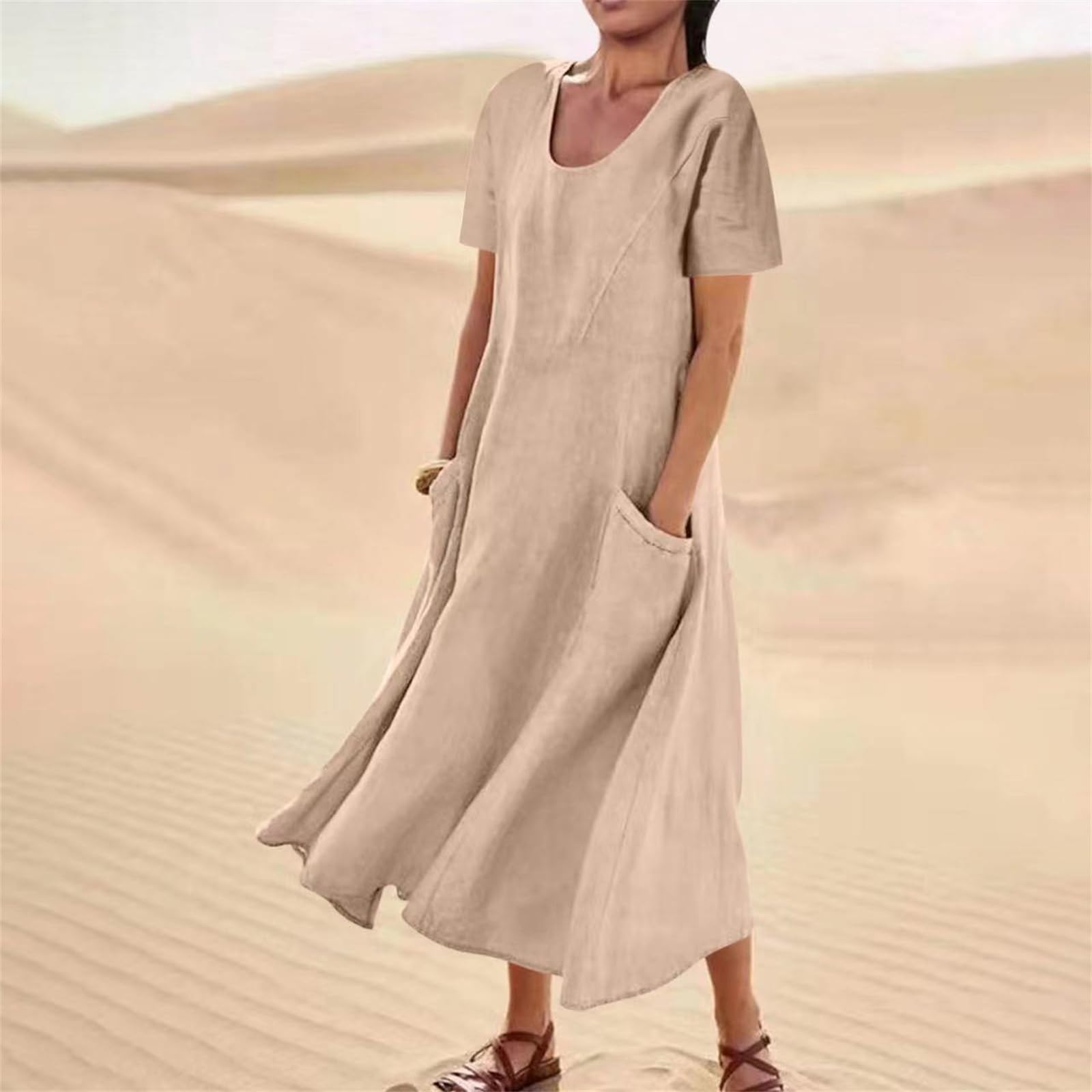 **Women's Casual Midi Dresses with Pockets - Round Neck Short Sleeve T-Shirt Maxi Dress for Vacation, Beach, and Everyday Wear**
