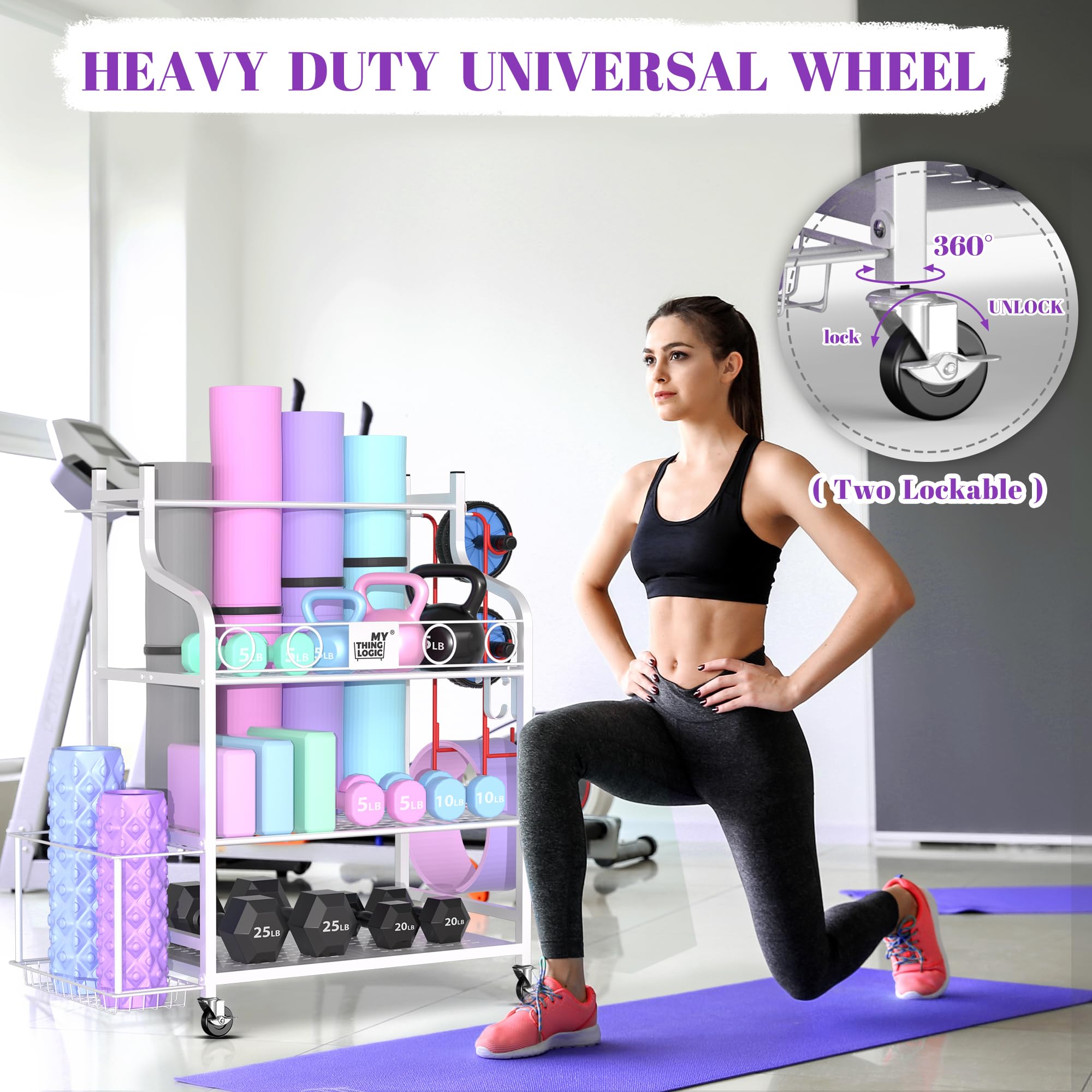 Mythinglogic Yoga Mat & Home Gym Storage Rack - Organizer for Dumbbells, Kettlebells, Foam Rollers, Yoga Straps & Resistance Bands - Heavy Duty Workout Equipment Holder with Hooks & Wheels - Perfect for Home Gym, Yoga Studio & Fitness Room Organization