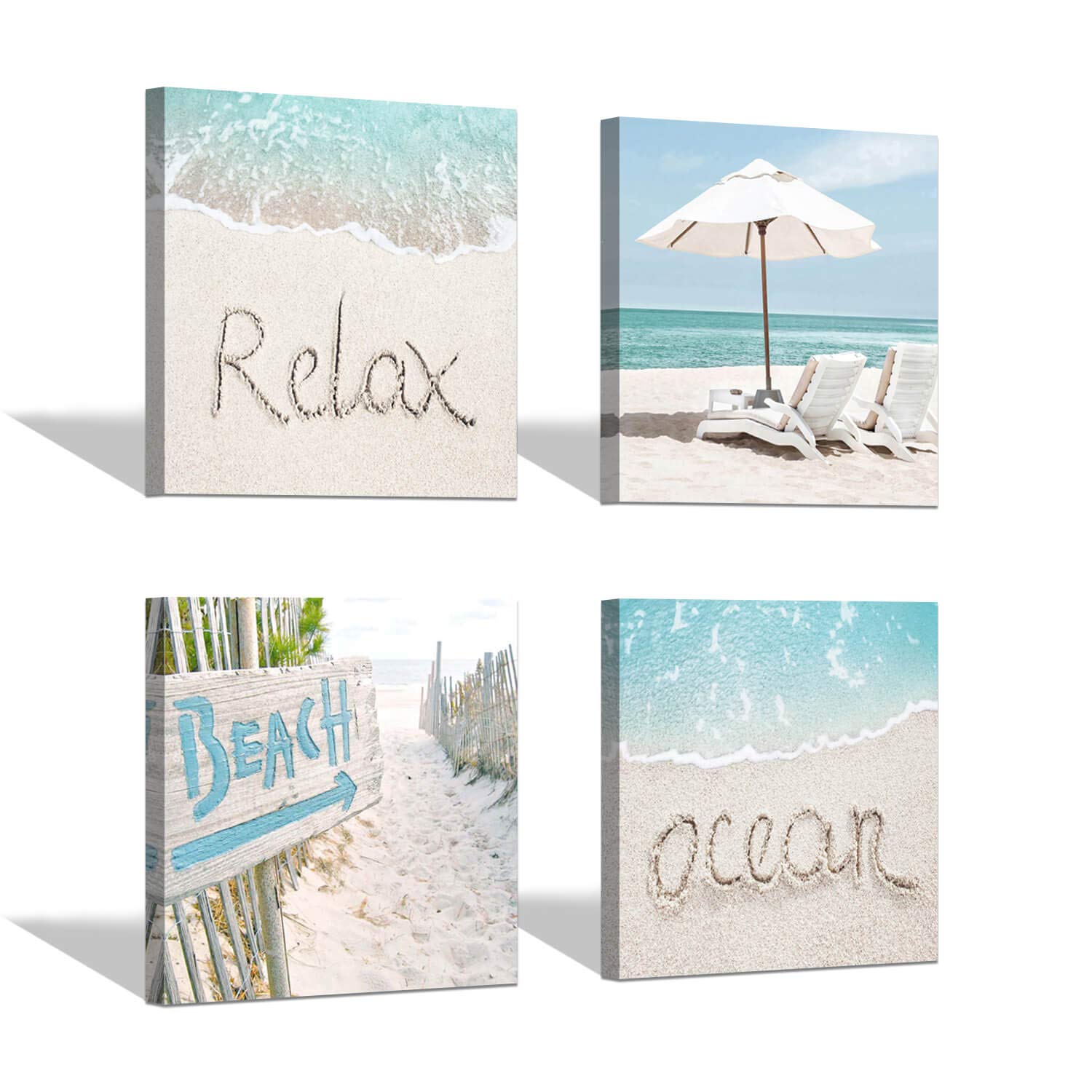 SD SOFT DANCE Coastal Wall Art Set - 4 Piece 16x16 Inch Beach & Ocean Canvas Prints for Bathroom Decor | Nautical Themed Painting for Seaside Home, Office or Spa Decoration