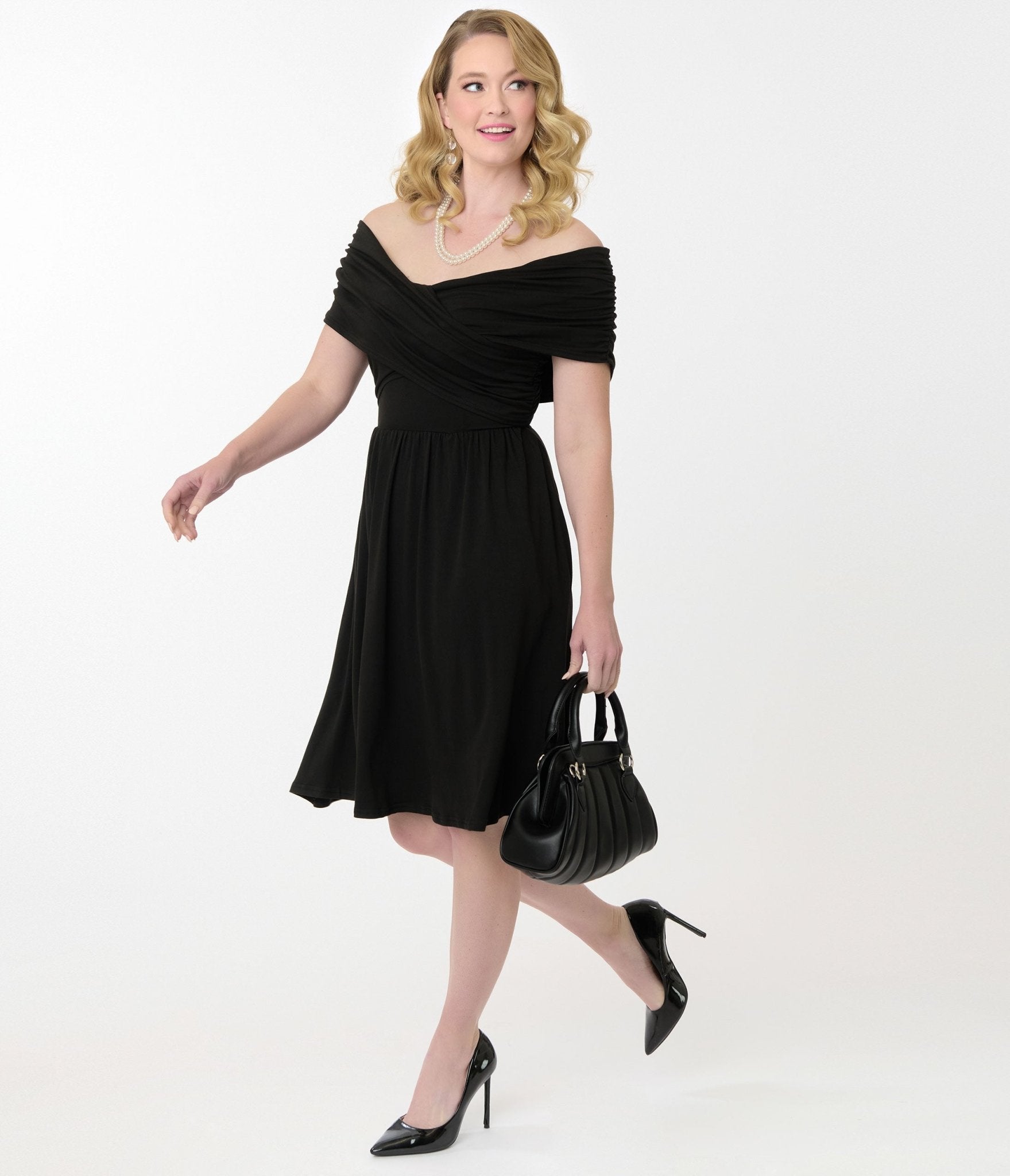 Vintage Black Shirred Swing Dress - Retro Floral Print A-Line Dress for Women | Perfect for Parties, Weddings & Date Nights