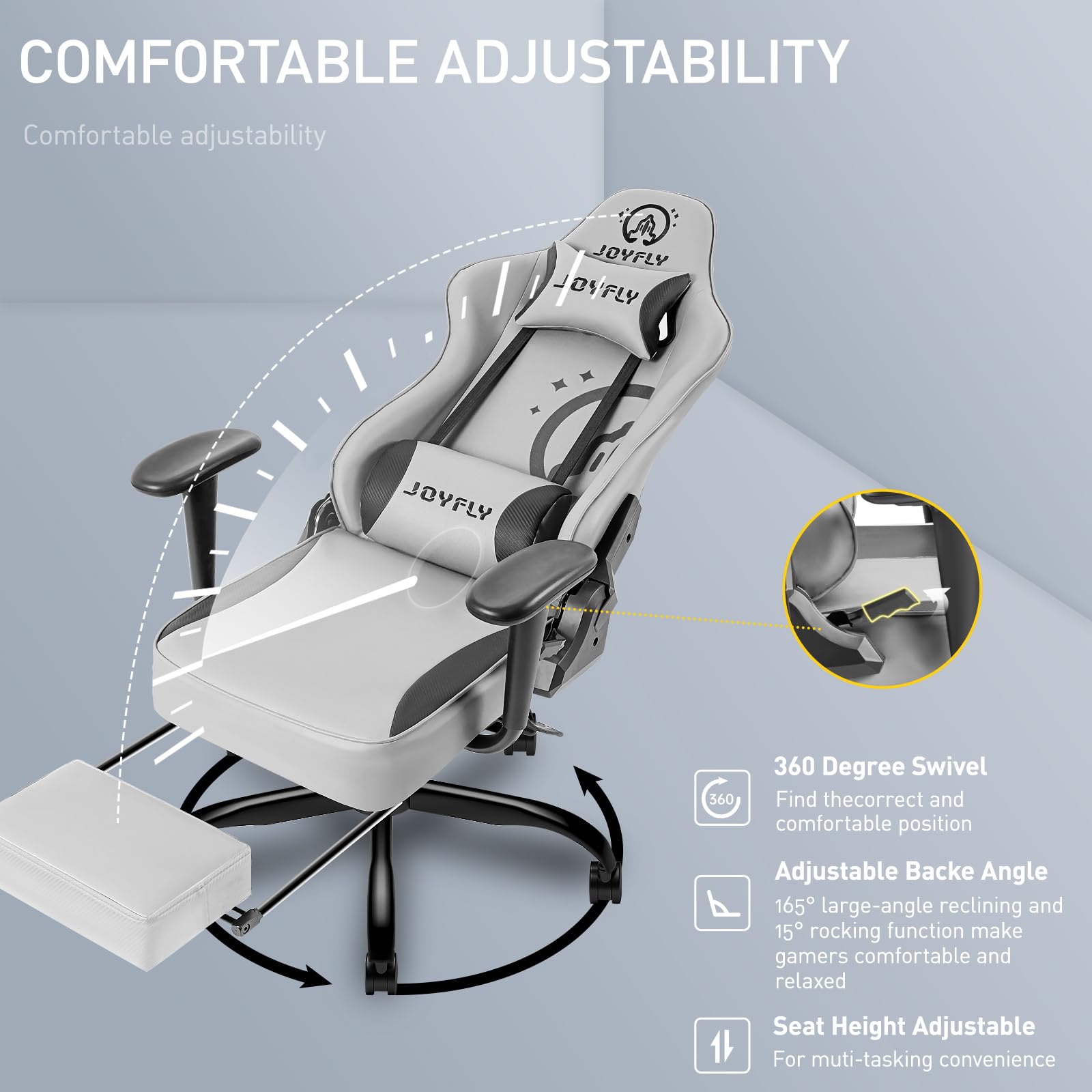 JOYFLY Ergonomic Gaming Chair with Footrest & Lumbar Support - High Back Racing Style PC Computer Office Chair for Adults - 350lbs Weight Capacity, Grey - Perfect for Esports, Streaming & Home Office Work
