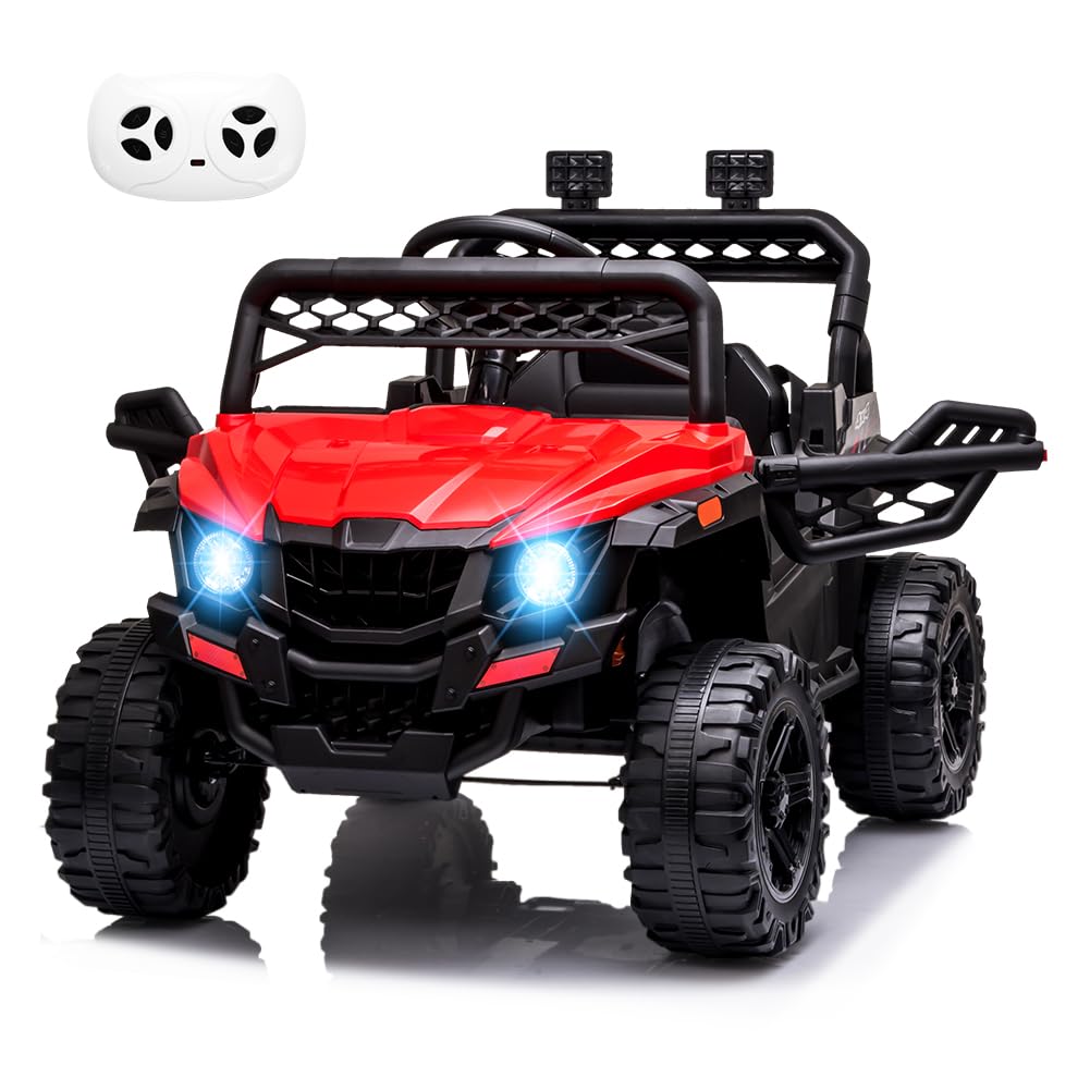 12V Kids Ride On UTV with Remote Control - Electric Toy Car with Spring Suspension, LED Lights, FM Radio, AUX Port & USB Charger | Outdoor Play, Birthday Gifts for Boys & Girls (Red)