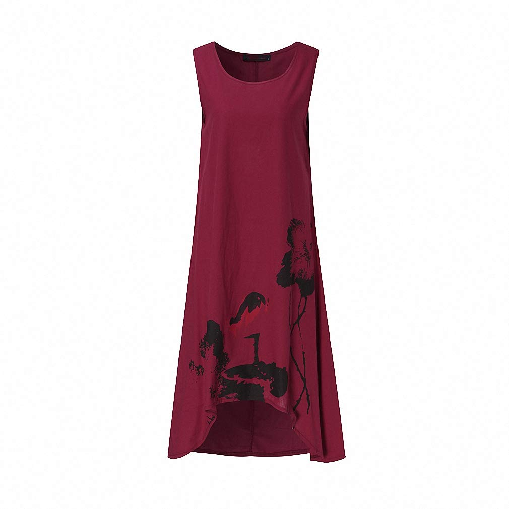 Hiuwa Women's Summer Linen Dress - Sleeveless Ink Painting Cotton Midi Dress for Women, Plus Size Casual Boho Dress for Beach, Vacation & Everyday Wear