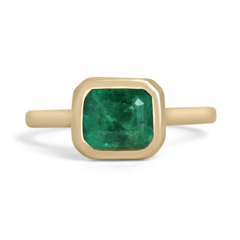 2.20ct 14K Gold Natural East-West Emerald Cut Solitaire Bezel Ring for Women - Elegant Engagement, Wedding, Anniversary Jewelry Gift