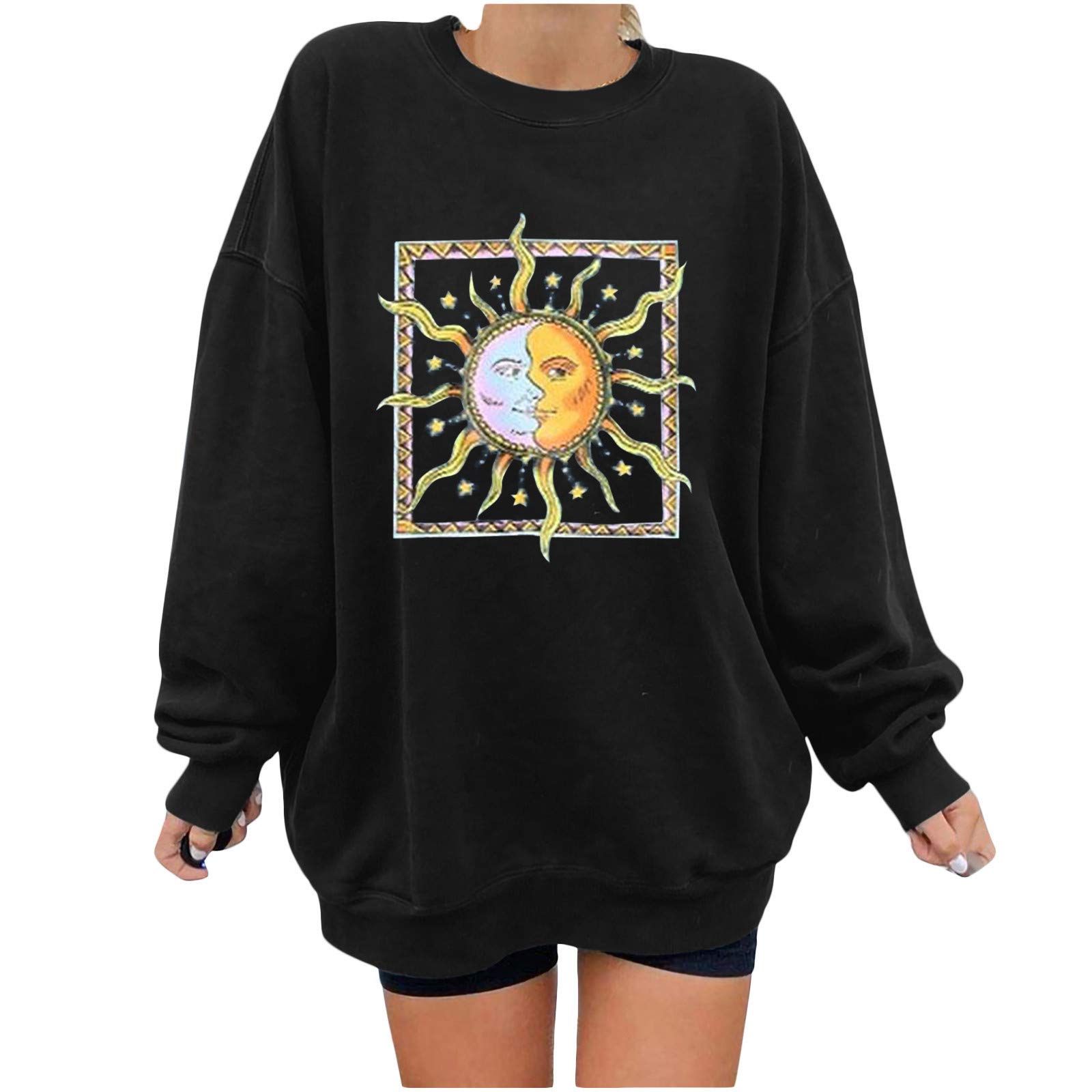 Women's White Long Sleeve Crop Top with Sun Print - Casual Pullover Sweatshirt for Streetwear & Spring Layering | Perfect for Daily Wear, Outfits with Jeans, and Festival Fashion