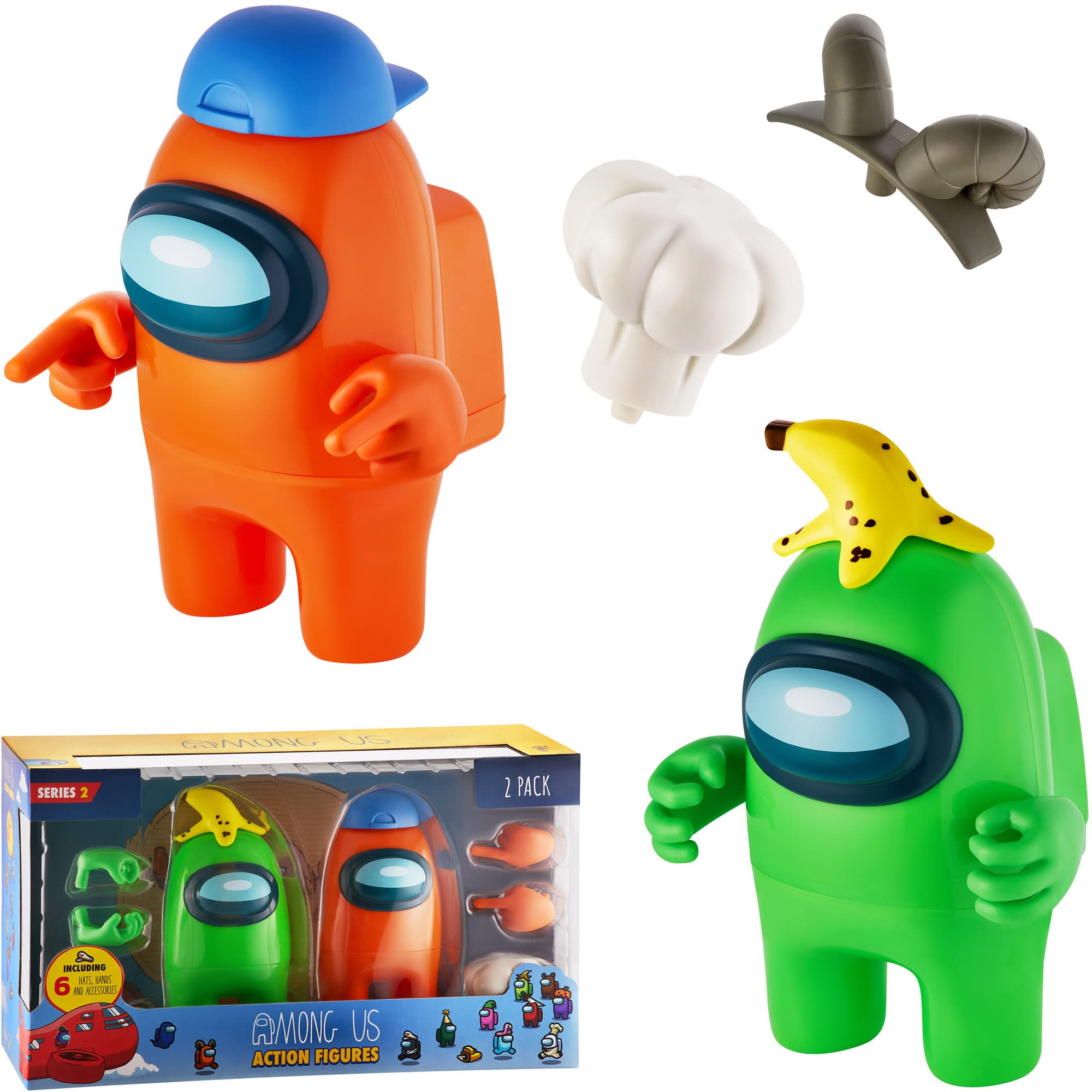 P.M.I. Among Us Action Figures - Set of 2 (Green & Orange) 7-Inch Collectible Crewmates with 6 Accessories (Hats & Hands) | Playable Mini Toys for Kids | Perfect for Birthday Gifts, Game Nights & Among Us Fans Collection