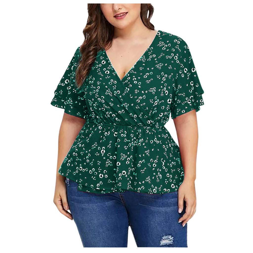Vintage Printed V-Neck Ruffle Short Sleeve Blouse - Plus Size Wrap Tops for Women (Green) | Boho Chic Summer Outfit, Casual Office Wear & Date Night Fashion