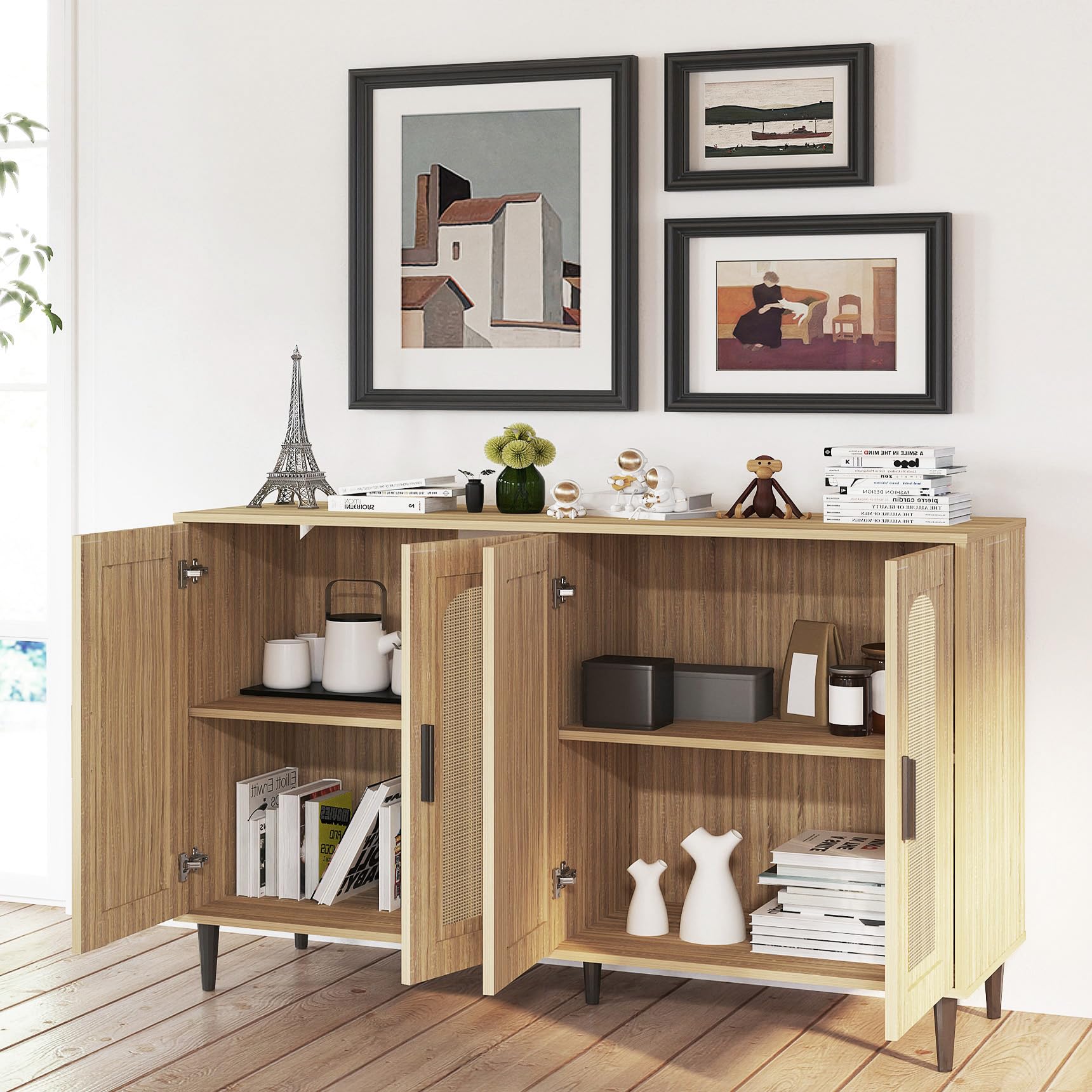 Rattan Buffet Cabinet with 4 Doors & Storage - Natural Wood Sideboard for Dining Room, Kitchen, Hallway | Accent Cabinet, Cupboard Console Table | Perfect for Entertaining, Storage & Home Decor