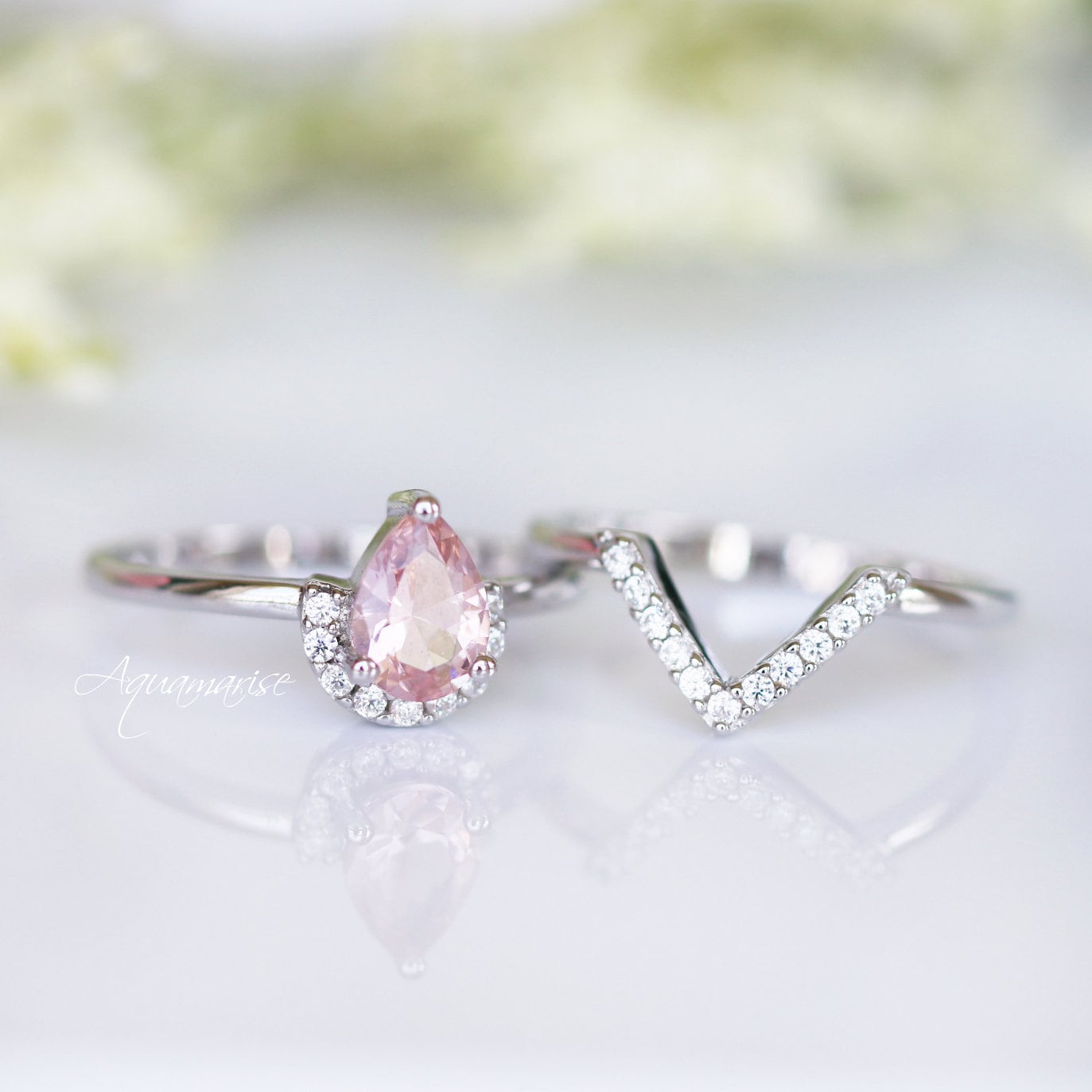 Aria Morganite Ring Set in Sterling Silver - Elegant Rose Gold Plated Wedding Band for Women, Perfect for Engagement, Anniversary & Valentine's Day Gifts
