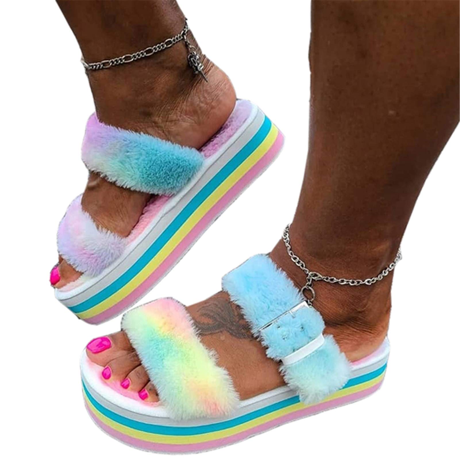 HOAPL Women's Plush Open-Toe Platform Slippers - Lightweight EVA Fuzzy Slides for Indoor & Outdoor Use - Soft Fluffy House Shoes for Comfort & Style - Rainbow Color - Size 42 - Perfect for Lounging, Spa Days & Cozy Home Wear